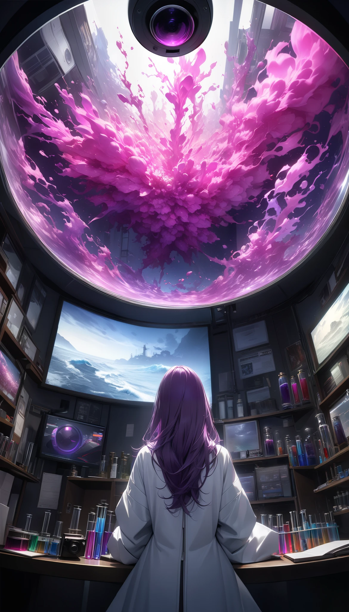 Ultra High Resolution, Extremely Clear Details , Extremely Colourful Colors , a beautiful adult woman, alone, researcher in white coat, fierce experiments unparalleled in the past , Complete protection , Dangerous scents, ( test tubes are tilted and blended), suspicious liquid with high transparency , Realistic Experimental Operation , BREAK Top Confidential Laboratory Background , Suspicious Organisms Floating in a Clear Cylinder Filled with Fluorescent Purple Liquid, break (from above, It overlooks the entire room, (The view from a surveillance camera )){x}, Dim Dramatic Lights , A production reminiscent of Top Secret, You're not allowed to leave here when you see this, Absolutely top quality , (( high image quality, 8k, hyperrealistic, realistic, Masterpiece, Very Detailed)), studio lighting, Professional Portrait , beauty portrait art , Soft Focus , Moody Lighting , dramatic atmosphere, Super Fine,