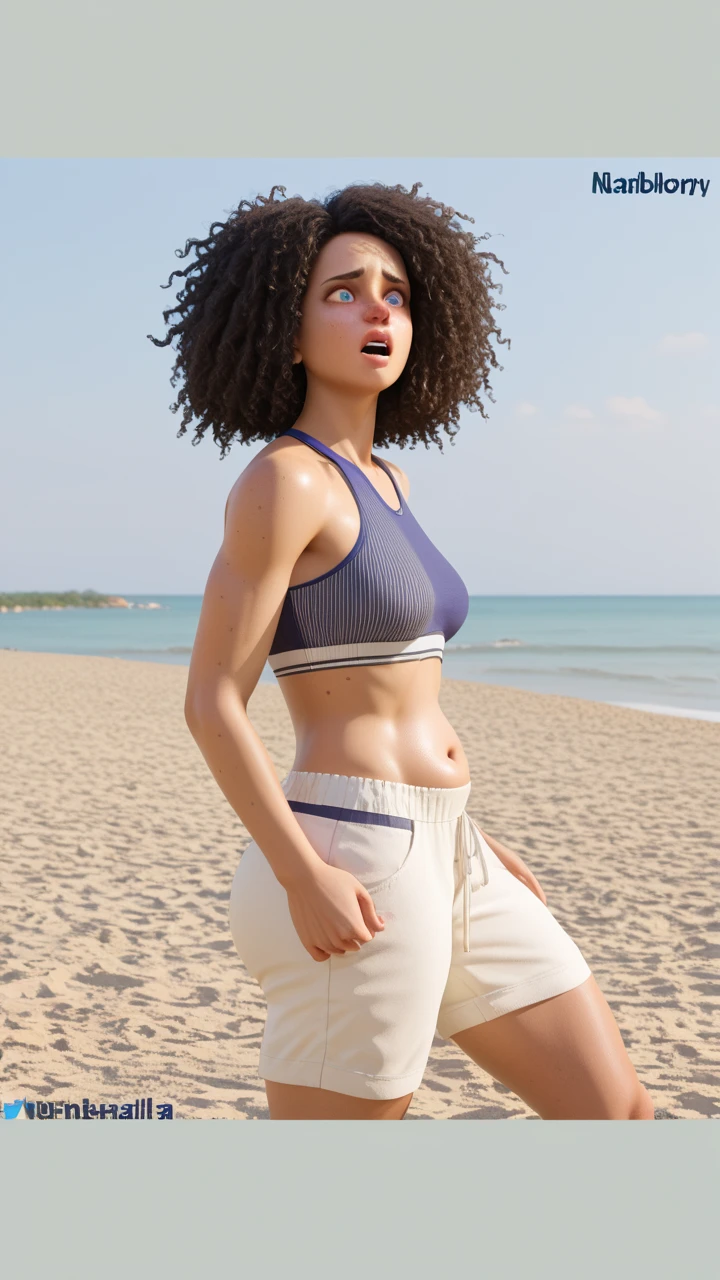 (best quality, highres, ultra-detailed), realistic, portrait, Colombian/dominican mature 65 year old looking curly-haired busty lady, standing in the middle of traffic , dressed in ripped underwear shorts, solid wet crop top tied in the front, vibrant colors, natural lighting.