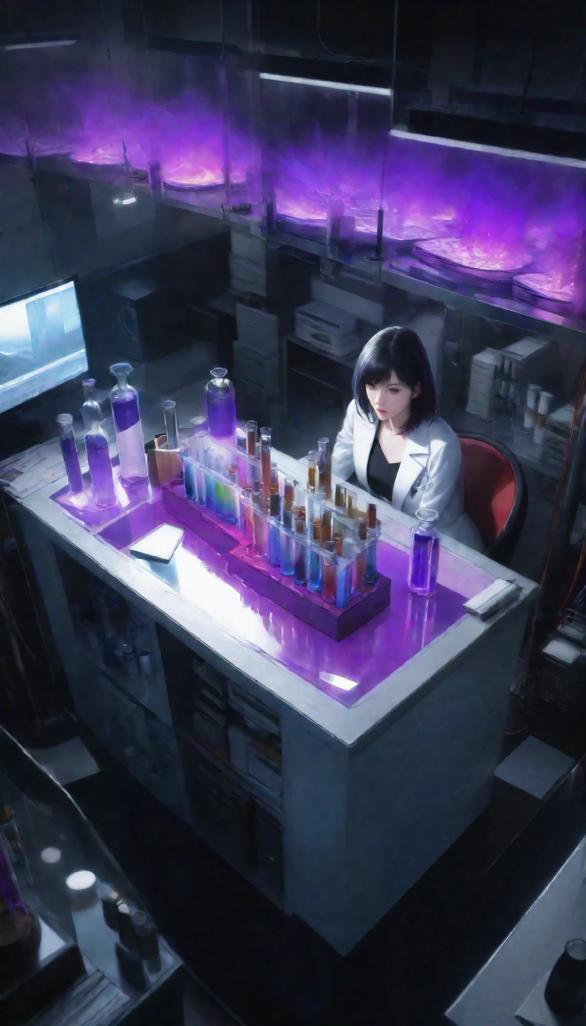  Ultra High Resolution, Extremely Clear Details ,  Extremely Colourful Colors , a beautiful adult woman, alone, researcher in white coat,  fierce experiments unparalleled in the past , Complete protection , Dangerous scents, ( test tubes are tilted and blended),  suspicious liquid with high transparency ,  Realistic Experimental Operation ,  BREAK Top Confidential Laboratory Background ,  Suspicious Organisms Floating in a Clear Cylinder Filled with Fluorescent Purple Liquid, break (from above, It overlooks the entire room, (The view from a surveillance camera )){x},  Dim Dramatic Lights , A production reminiscent of Top Secret, You're not allowed to leave here when you see this, Absolutely top quality , (( high image quality, 8k, hyperrealistic, realistic, Masterpiece, Very Detailed)), studio lighting, Professional Portrait , beauty portrait art , Soft Focus , Moody Lighting , dramatic atmosphere, Super Fine,