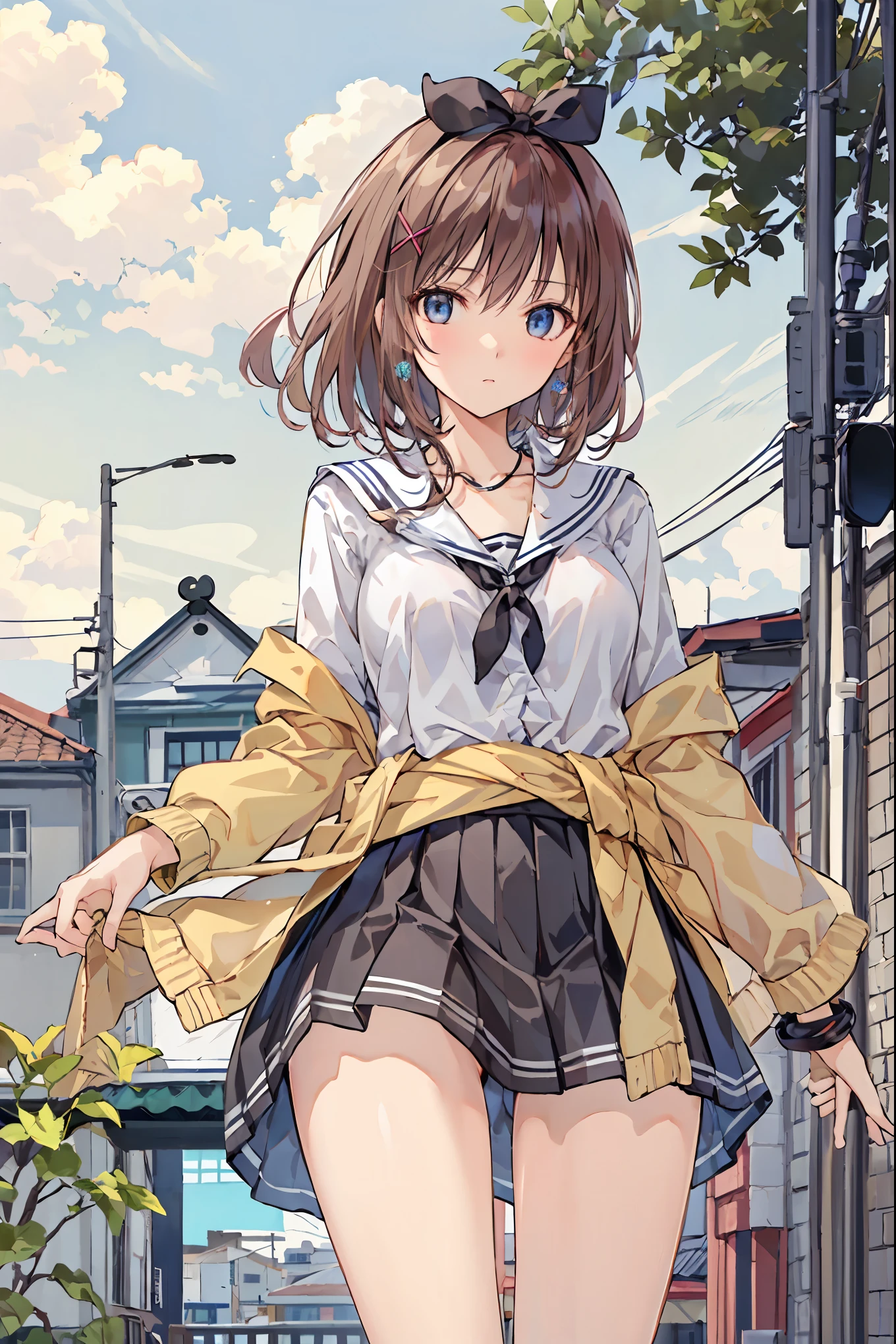 (( top quality)), ( very detailed), ( high definition CG synthesis 8K wallpaper), 高いly detailed, 高い-definition raw colbor photos, Professional Photoshoot, depth of written border, bright lighting 、 beautiful illustrations 、 has enchanting gray-blue eyes that shine like stars、
(8k, RAW Photo , top quality, Masterpiece:1.2), ( by Nomi, by Nomi:1.37), very well detailed , 1 person, alone, cute、( See uniforms :1.2), ( that improves white space :1.2), ( white shirt:1.3), ( beige cardigan wrapped around the waist:1.3), ((Chest, The button is off):1.2), ( plaid pleated skirt:1.2), (( necklace, colorful bracelet , x hair accessories):1.2), Mountain, wood々Yellow leaves, autumn leaves、Background view , sunset, sunlight, Beautiful Afternoon, cloud, Wind in my hair, Leaves flutter, Environment details, More vibrant colors, Saturation effect