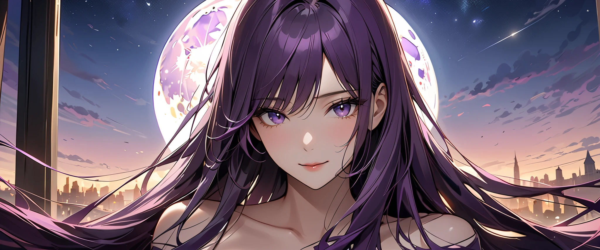 Anime girl with long purple hair and purple eyes standing in front of a ...
