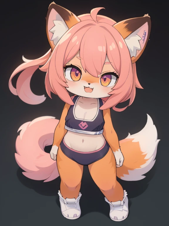cute,,fur body, whole body, fox,Blue and pink hair,蓝色fox尾巴,white skin,shy,red shorts,Princess Crown,navel-baring outfit, Features, masterpiece, furry tail, current, shy的,(background:pink crystal palace),best quality, 4K, Full HD, mind,Big fox ears,Female body with big breasts,Royal ornaments