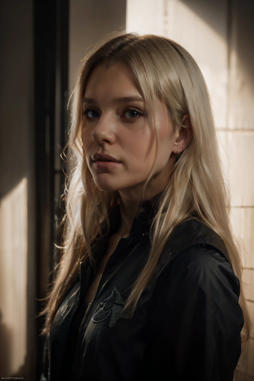 realistic , mistery, warm foggy ambient, a beautiful blond woman, 20 years old with light blonde hair in a ponytail, detailed clothes, perfect size breasts, modeling expressions, beautiful blue eyes, Highly detailed, photorealistic, 8K resolution, 60 frames per second, ultra-realistic textures, accurate lighting, realistic physics, detailed character models, intricate environments Cinematic quality, movie-like visuals, detailed special effects, realistic animations, smooth motion, high-quality sound design Real-world accuracy, precise details, authentic environments, lifelike characters, realistic dialogue, engaging storyline