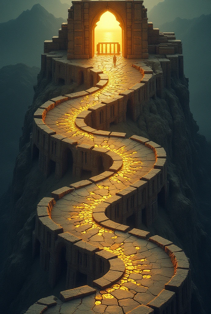 Create a map of Zamahran, a descending spiral with four distinct regions. At the top, Juna Al-Bawab is a foreboding stone gate with ominous carvings. Below, Cordylus (Corruption) is a suffocating golden labyrinth filled with tempting treasures. Next, The Severed Vows (Infidelity) features decaying ruins and an altar of broken promises. Finally, The Silent Echo (Racism) is an empty gray city with faceless figures and abandoned streets, symbolizing isolation and despair. Each region transitions darker and more oppressive, symbolizing the descent into sin.