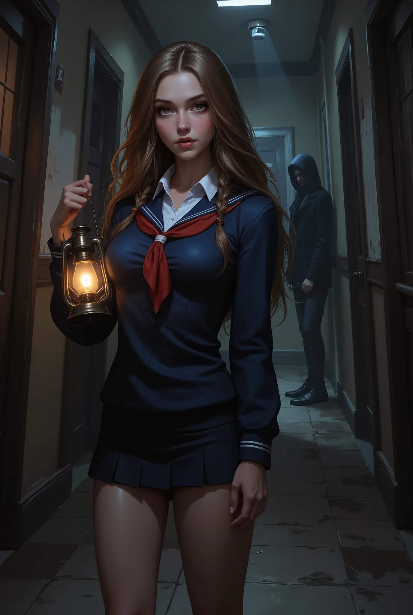 18 year old woman, long, loose light brown hair with braids on the sides, she has amber eyes, she is dressed in a blue and red British school uniform, she is looking higher up as if looking at a surveillance camera, she is holding an old lantern, she appears from the knee up, the background is an old boarding school hallway with a hooded shadow at the end.