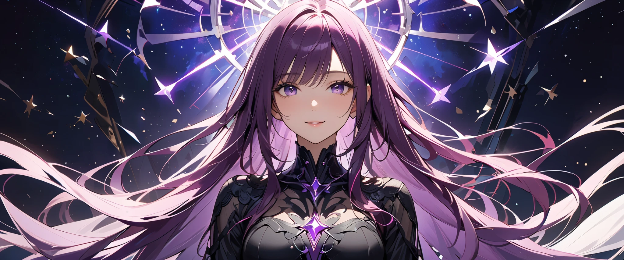((( HYPER DETAIL:1.5))), (((masterpiece, 最 high quality, 's greatest masterpiece、 super detailed:1.5))), ((( 1 woman , Alone, purple hair、 straight long hair on both sides:1.5))),(((16K resolution:1.5)))、 Dramatic scene like the opening of a movie, Black Angel Dress 、 masterpiece, high quality , Hi-Res, 16k, Bright Starry Sky 、((( anatomically correct:1.5))),smile、((( Dynamic Poses:1.5))),(((very wide view:1.2)))、 long eyelashes, clean skin, beautiful legs、( Extremely Beautiful Detailed Eyes ), (Best lighting, Extremely Delicate and Beautiful Face ), ((Cinematic Light)),