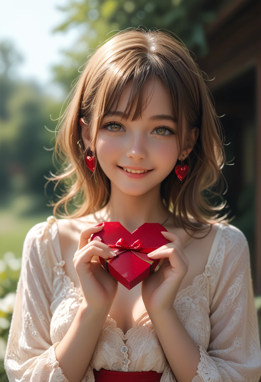 masterpiece, best quality, amazing quality, at Valentine Day, gesture of giving a present, a girl, shy, smiling, looking at viewer, cowboy shot, soft colors, in focus with blurred background, bloom,