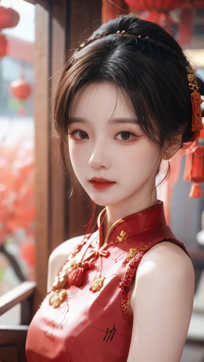 Hanfu,palace,穿Hanfu的女孩,Wearing ancient Chinese clothing,Traditional Chinese Clothing,Ancient Chinese Clothing,Ancient Chinese Princess,Chinese,Shoulder,Beth,( masterpiece),( top quality:1.1),( Very detailed), BEST ILLUSTRATION , exquisite details ,(portrait:1.1),( intense close-up ),(Extremely delicate and pretty face ),Frontal lobe,Jewelry,Beauty,Lunar New Year Cheongsam