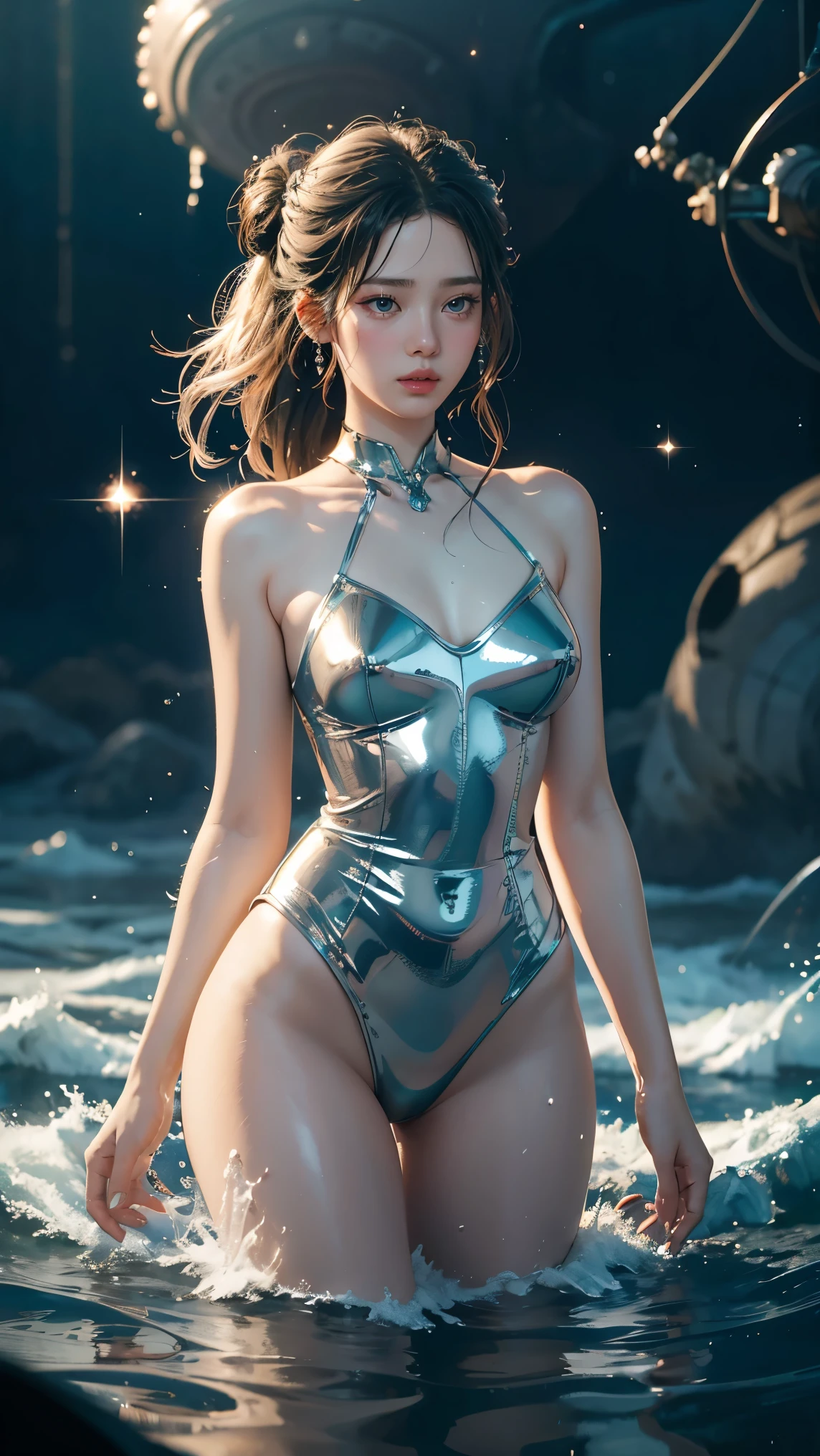 best quality, masterpiece, realistic, 1girl,  metallic dress, messy [updo|hanging] hair, (full body:0.6), solo, (full body:0.6), looking down, detailed background, detailed face, Sc3pt4, sci-fi theme:1.1), mercury-wizard, melancholic, surrounded by waves of iridescent silver, alchemical imagery, reflections, silver-colored fluid, metallic sheen, shiny, dynamic pose, fluid movement, floating particles, droplets of mercury, flowing metal, blending mercury, a foreign planet in the background, dripping mercury formations, volumetric lighting, cinematic atmosphere, sharp details, high detail skin, realistic skin texture, perfect body, 