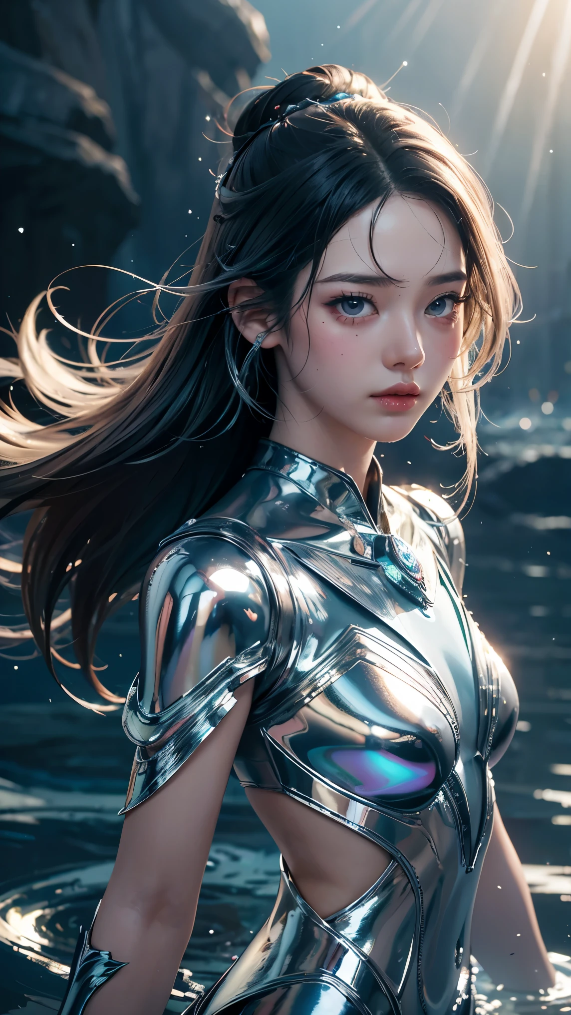 best quality, masterpiece, realistic, 1girl,  metallic dress, messy [updo|hanging] hair, (full body:0.6), solo, (full body:0.6), looking down, detailed background, detailed face, Sc3pt4, sci-fi theme:1.1), mercury-wizard, melancholic, surrounded by waves of iridescent silver, alchemical imagery, reflections, silver-colored fluid, metallic sheen, shiny, dynamic pose, fluid movement, floating particles, droplets of mercury, flowing metal, blending mercury, a foreign planet in the background, dripping mercury formations, volumetric lighting, cinematic atmosphere, sharp details, high detail skin, realistic skin texture, perfect body, 