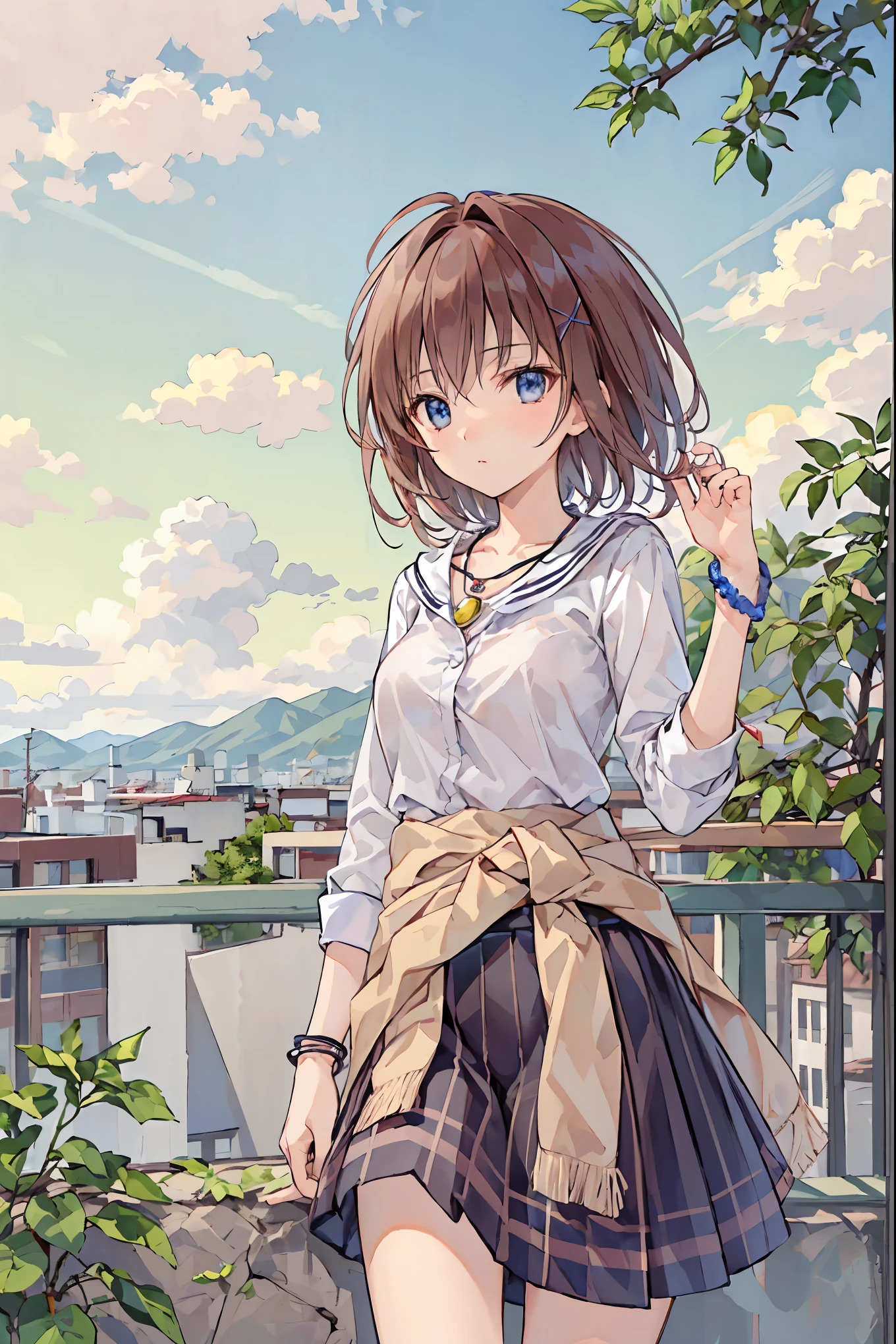 (( top quality)), ( very detailed), ( high definition CG synthesis 8K wallpaper), 高いly detailed, 高い-definition raw colbor photos, Professional Photoshoot, depth of written border, bright lighting 、 beautiful illustrations 、 has enchanting gray-blue eyes that shine like stars、
(8k, RAW Photo , top quality, Masterpiece:1.2), ( by Nomi, by Nomi:1.37), very well detailed , 1 person, alone, cute、( See uniforms :1.2), ( that improves white space :1.2), ( white shirt:1.3), ( beige cardigan wrapped around the waist:1.3), ((Chest, The button is off):1.2), ( plaid pleated skirt:1.2), (( necklace, colorful bracelet , x hair accessories):1.2), Mountain, wood々Yellow leaves, autumn leaves、Background view , sunset, sunlight, Beautiful Afternoon, cloud, Wind in my hair, Leaves flutter, Environment details, More vibrant colors, Saturation effect