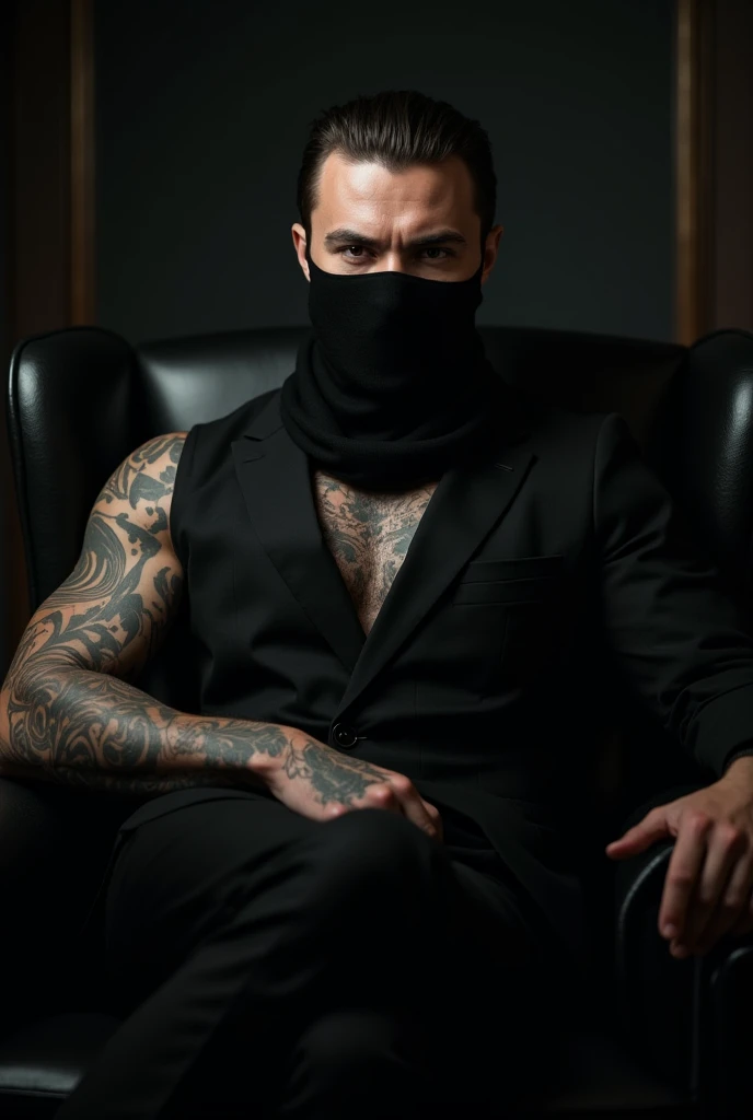 A man is lying on a sofa, illuminated by the light from a lamp, it is night in the room. His face is covered with a bandana. He lies in his underwear.He is very strong and muscular and has a nice butt.