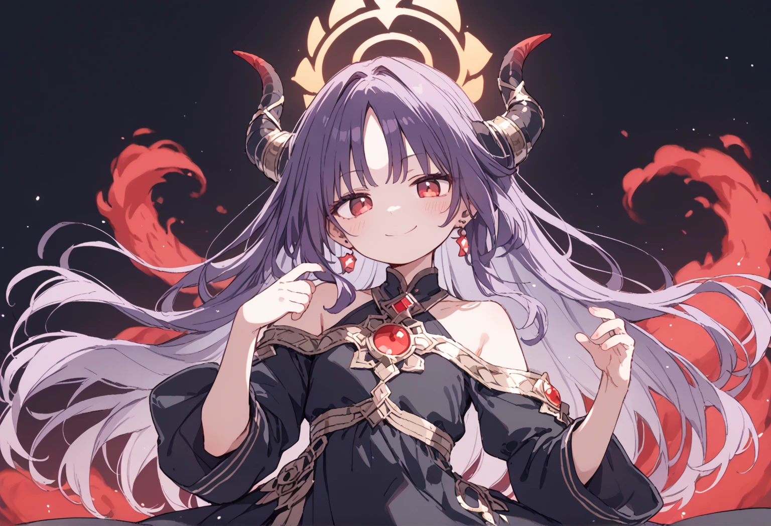 Oni girl, red eyes, large hair, coletas cuernos grandes,