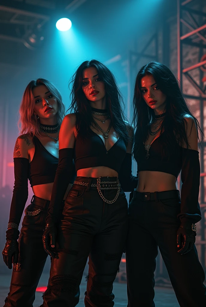 I'm taking photos for a new concept album. Create a girl group concept photo in the style of "UNFORGIVEN"