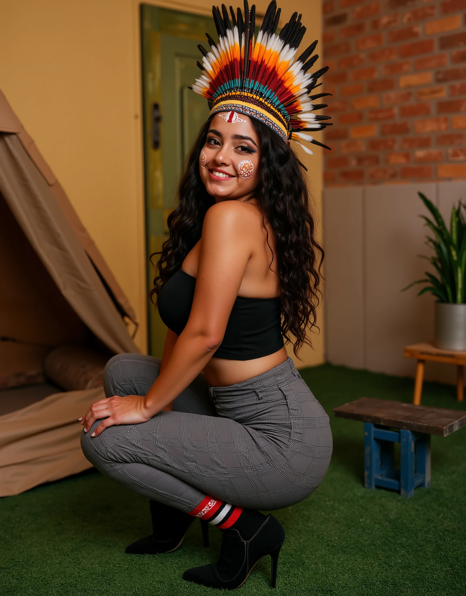 A Lauren jauregui, sonrriendo ,North American Indian woman sonrriendo smiling,with a headdress on her head, rosto detalhado, Intriguing image, realistic image, full HD cinematic image, imagem de cinema vestido hermoso cuerpo completo in a black dress holding an , victorian dress