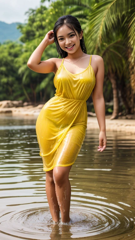 ((Highest quality, 8K, masterpiece :1.3)), (Sharp focus :1.2, Beautiful woman with perfect figure :1.4, Slim Abs :1.2), ((Big Breasts, Emphasize cleavage:1.3)), (Photorealistic:1.4), (realistic:1.4), (Short Bob Hair, Light brown hair:1.5), Highly detailed face and skin texture, Fine grain, double eyelid. Makeup face, A little bit of lipstick, sex appeal, Sexy gravure pose, ((A beautiful woman wearing a yellow see-through dress、Posing in the garden、walk sexy。:1.3)