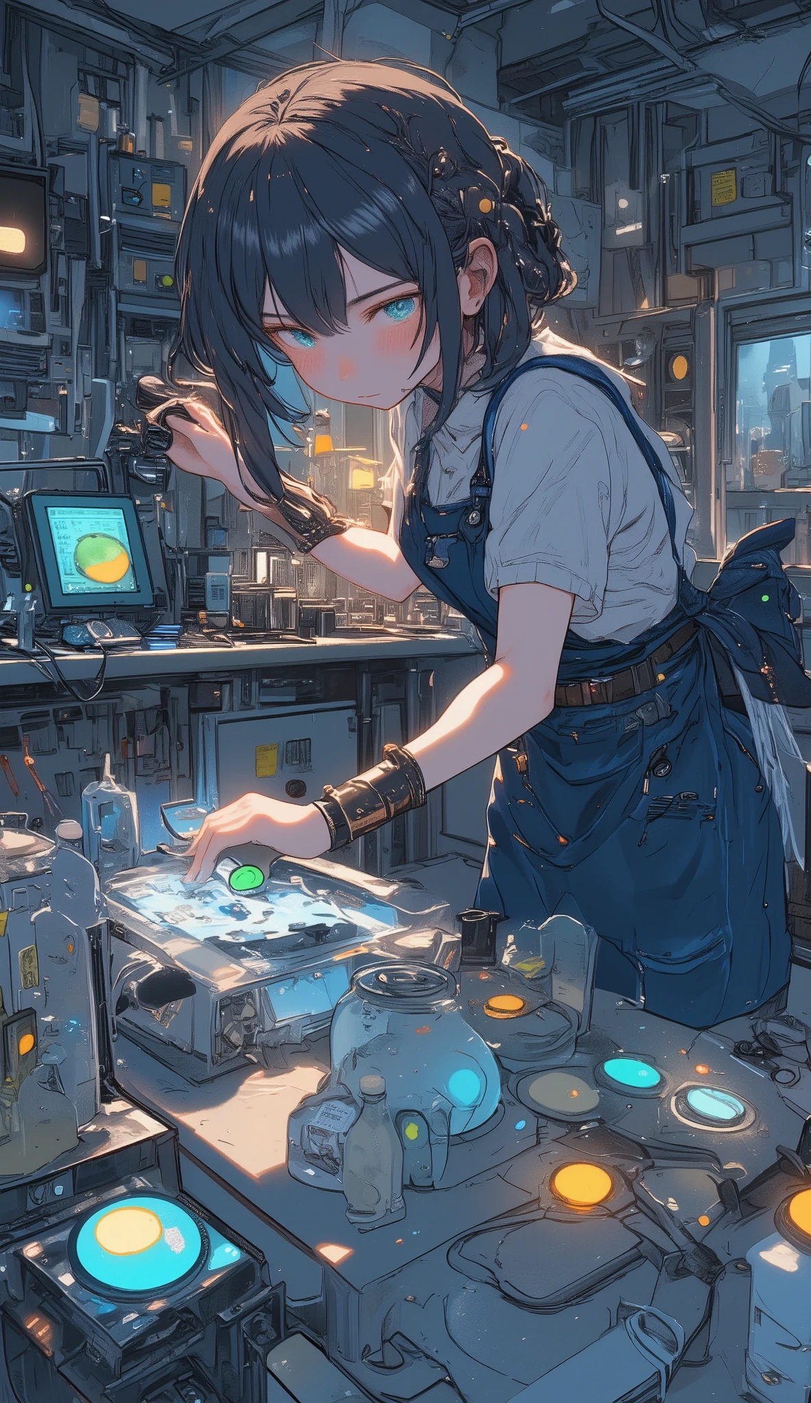 Secret Laboratory / secret laboratory / secret laboratory、anime調、anime、(((The girl who makes slime:1.7、 Various Precious Metals :1.7、Laboratory with round spherical slime:1.7、><facial slime)))、 's room 、Free research、夏休みのFree research、、Thick fabric apron、Girl who makes heat-resistant apron 、Slime and experiments:1.5、Slime manufacturing、Slime manufacturing研究、Mysterious machine、Dimly lit laboratory、Suspicious Indirect Lighting