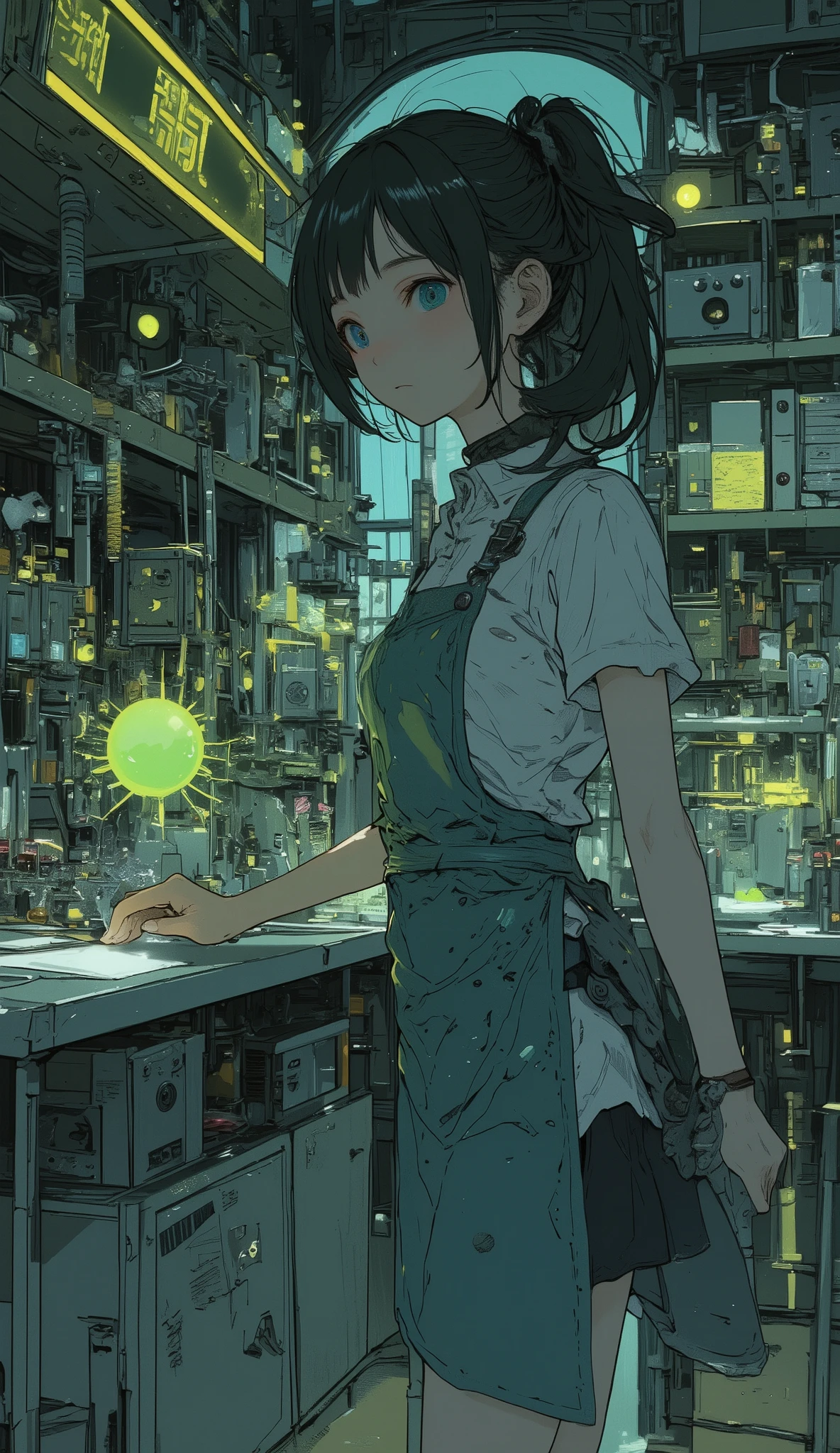 Secret Laboratory / secret laboratory / secret laboratory、anime調、anime、(((The girl who makes slime:1.7、 Various Precious Metals :1.7、Laboratory with round spherical slime:1.7)))、 's room 、Free research、夏休みのFree research、、Thick fabric apron、Girl who makes heat-resistant apron 、Slime and experiments:1.5、Slime manufacturing、Slime manufacturing研究、Mysterious machine、Dimly lit laboratory、Suspicious Indirect Lighting