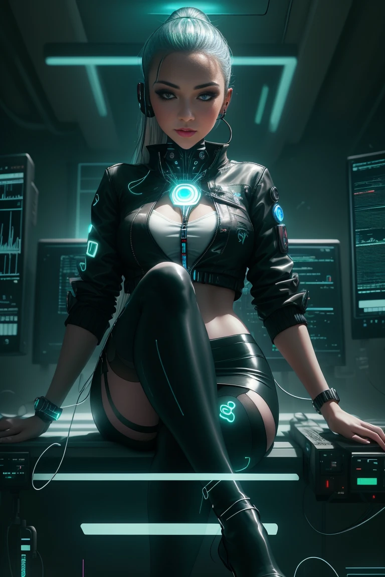 "A cyberpunk-themed scene featuring a young woman with a futuristic look. She is sitting in a high-tech computer lab surrounded by multiple screens and electronic equipment. The woman has blonde hair with an edgy, side-swept hairstyle, and is wearing a black crop top, a high-waisted leather skirt, and tech accessories including arm bands and a leg strap. The background should be filled with glowing monitors and advanced technology, creating a high-tech, immersive environment. The overall atmosphere should be dark with neon blue and green lighting."
Young woman with blonde hair, modern and avant-garde hairstyle, Light skin with makeup including dark eyeliner, Wearing a black crop top and a leather skirt, Technological accessories such as bracelets, straps and futuristic devices, High-tech computer room, Multiple monitors with bright screens and data on display, Electronic equipment and cables visible around, Dim lighting with neon lights in blue and green tones, Futuristic and cyberpunk atmosphere.
character focus, (golden hour lighting), ray tracing, Super realistic photographic cinematic image 8K ULTRA HD HDR, magical photography, super detailed, (ultra detailed), (top quality, best quality, super high quality image, masterpiece), standard lens,  dramatic lighting, 8k, UHD, intricate detail, (gradients), comprehensive cinematic, colorful, visual key, highly detailed, extreme detailed, hyper-realistic, (very detailed background, detailed landscape), delicate details, raw image, dslr,