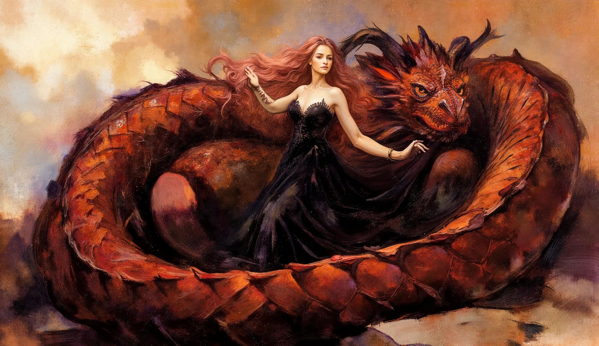 A hyper-realistic oil, acrylic, and watercolor painting of a massive red dragon. A full-length profile view of a beautiful woman with very long, wavy pink hair, wearing a black lace dress. She gracefully wraps her arm around the dragon, creating a striking and elegant composition. The artwork features intricate textures, rich color depth, and a painterly yet lifelike quality.