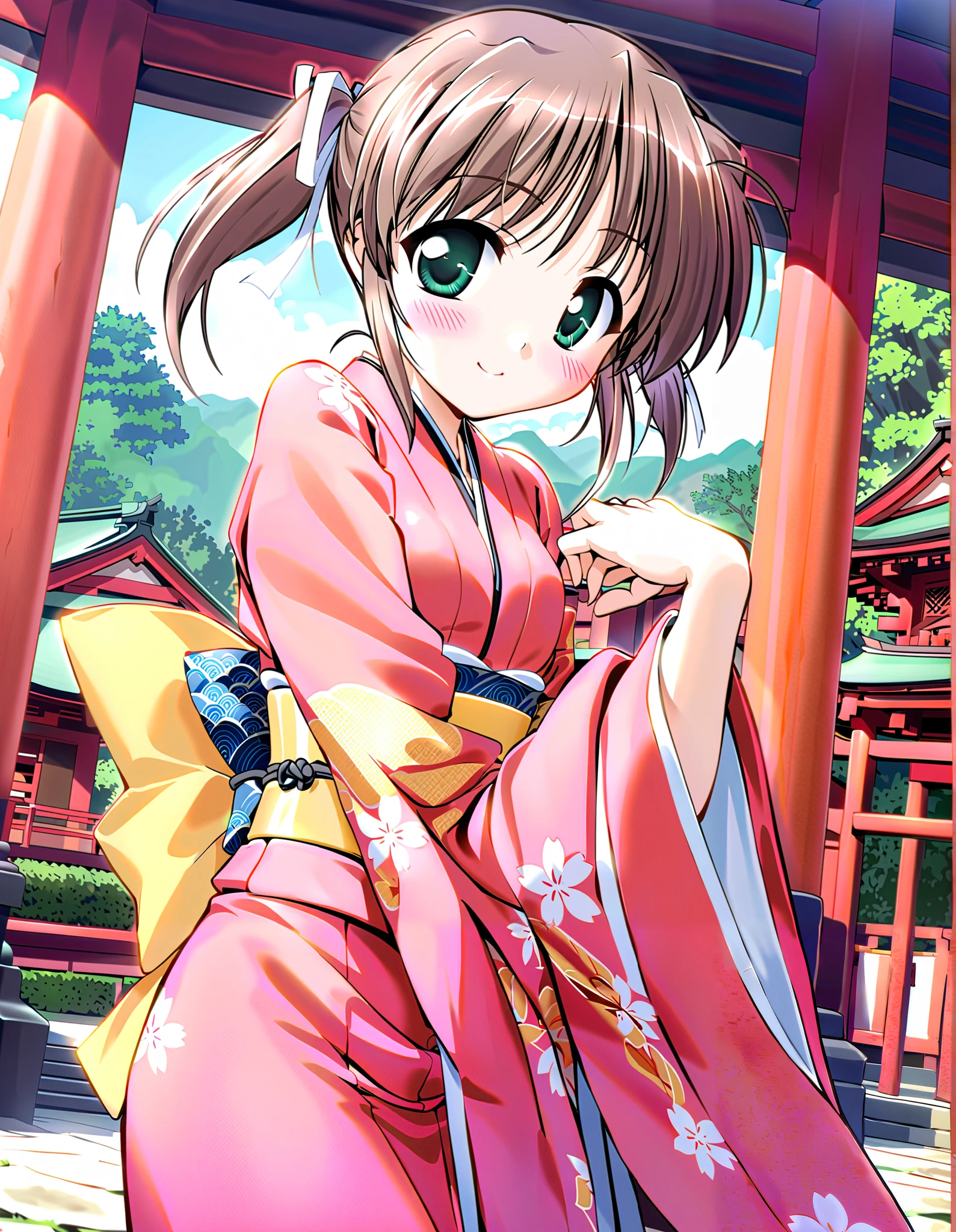 Asagiri Mai, Alone, 5age, (cowboy shot), brown hair, short hair, hair ribbon, twintails, green eyes, Tiny Breasts , (Cute Japanese clothes), ( cute pose), (Shichi-go-san), (Red cheeks:1.2), (bright smile:1.1), (shrine), (morning), score_9, score_8_superior, score_7_superior, source_anime, (best quality:1.2), 細部までこだわったanime, high quality , full color, 8k, Hi-Res