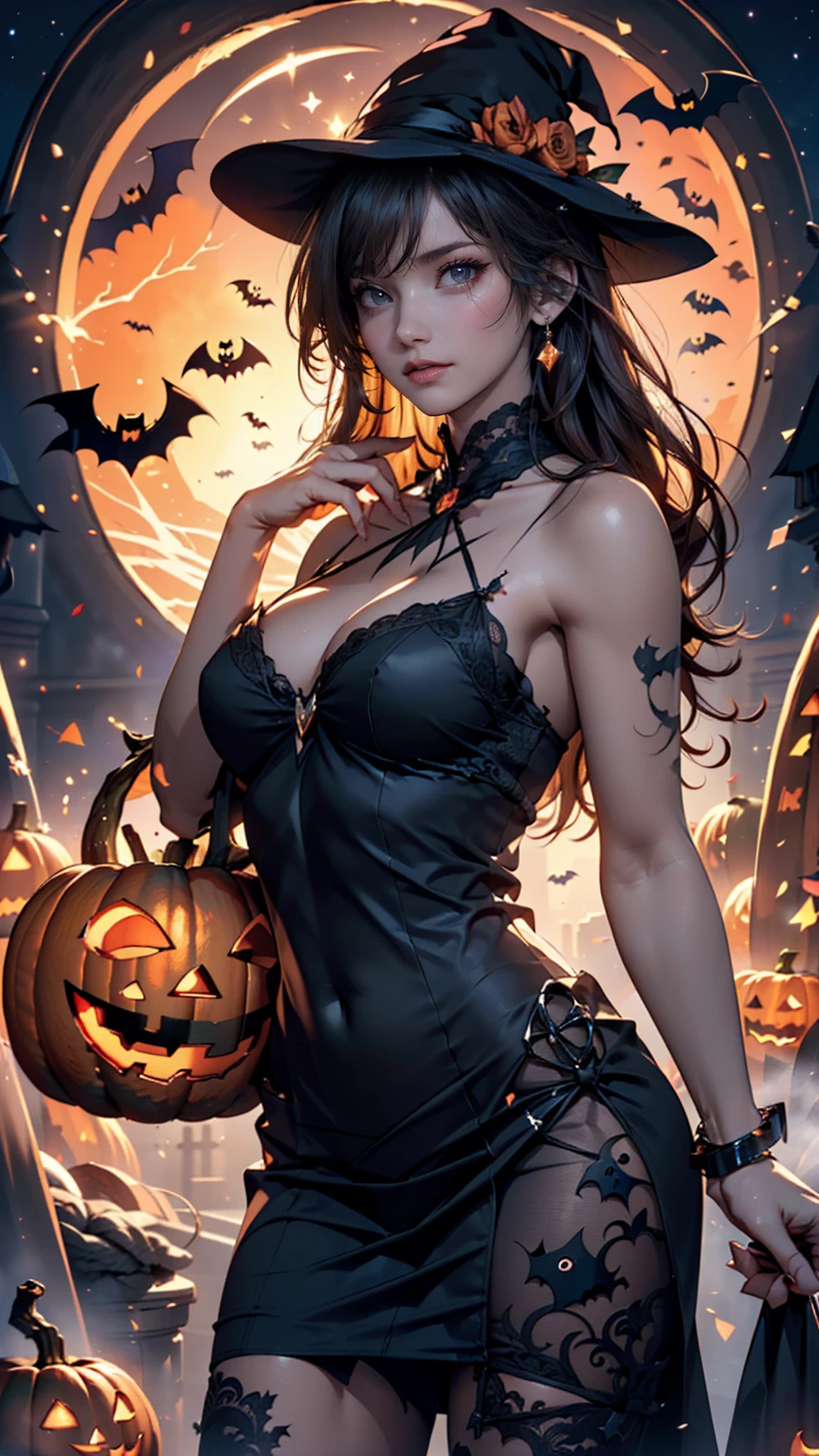 ((halloween)) ((magic forest)), (sexy costume), (((masterpiece))), (top model), (catwoman) , cute body, in a very sexy halloween costume , sexiest girl on earth, view from 5m away, happy, smile, perfect body, oiled body, Captured from above, scary tattoos