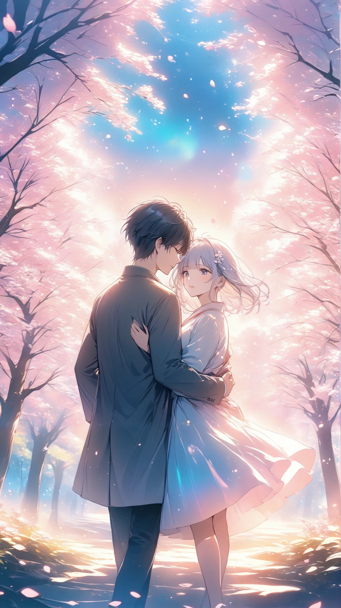 Couple hugging each other , upper body,The boy,One person girl,Under the cherry tree, Fluttering Cherry Blossom Petals ,Low saturation,Pale blue( Reasonable Design , clear line, Hi-Res, top quality, very well detailed , Masterpiece, MOVIE LIGHT EFFECT , 4K ), anime moe art style ,Soft Anime