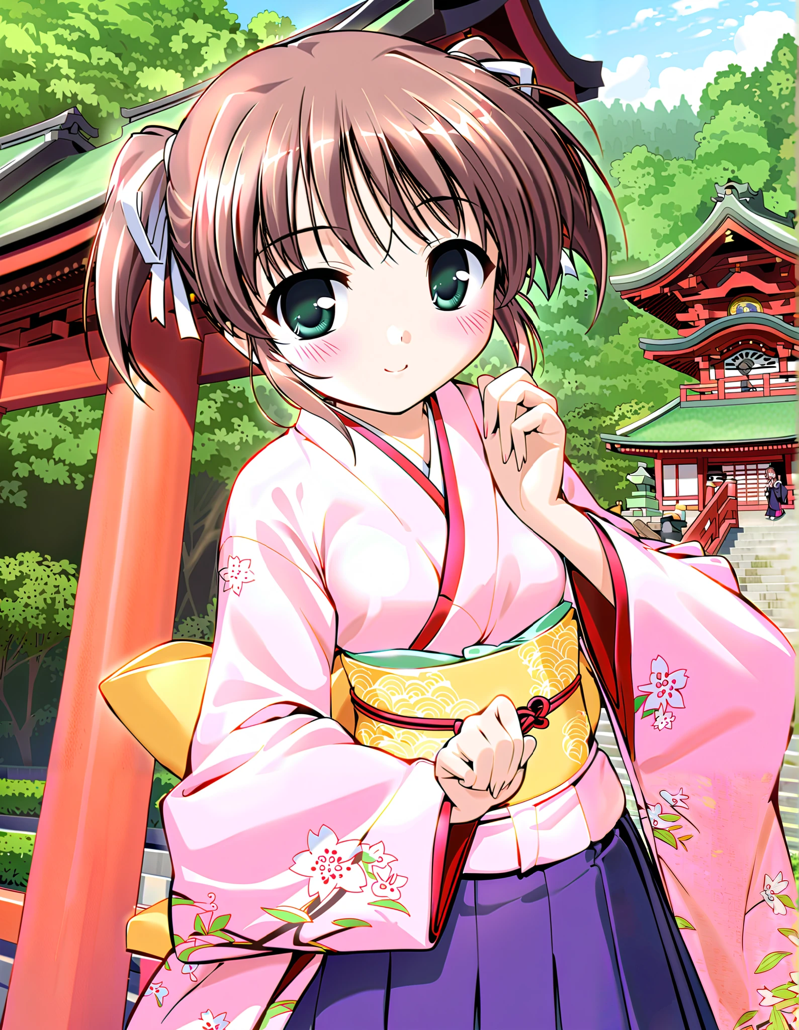 Asagiri Mai, Alone, 3age, (cowboy shot), brown hair, short hair, hair ribbon, twintails, green eyes, Tiny Breasts , (Cute Japanese clothes), ( cute pose), (Shichi-go-san), (Red cheeks:1.2), (bright smile:1.1), (shrine), (morning), score_9, score_8_superior, score_7_superior, source_anime, (best quality:1.2), 細部までこだわったanime, high quality , full color, 8k, Hi-Res