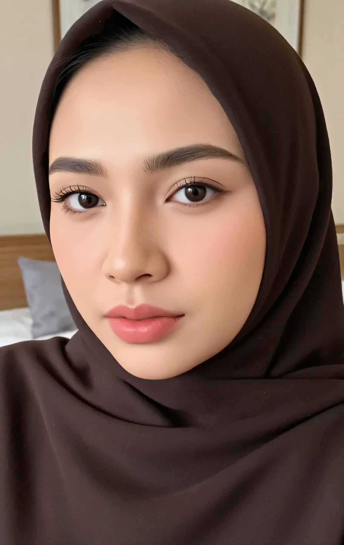 (Masterpiece: 1.2, Best Quality), Realistic, (Realistic Picture, Complex Details, Depth of Field), Best Quality, Masterpiece, Highly Detailed, Realistic, 1 old woman, indonesian old wife, aged 52, flat chest, saggy down breasts, thin lips, beautiful and seductive, curvy body, wearing sexy casual outfit , full body view, look at viewer, full photo, background bedroom, sexy model style pose, wear hijab muslimah, fatt belly