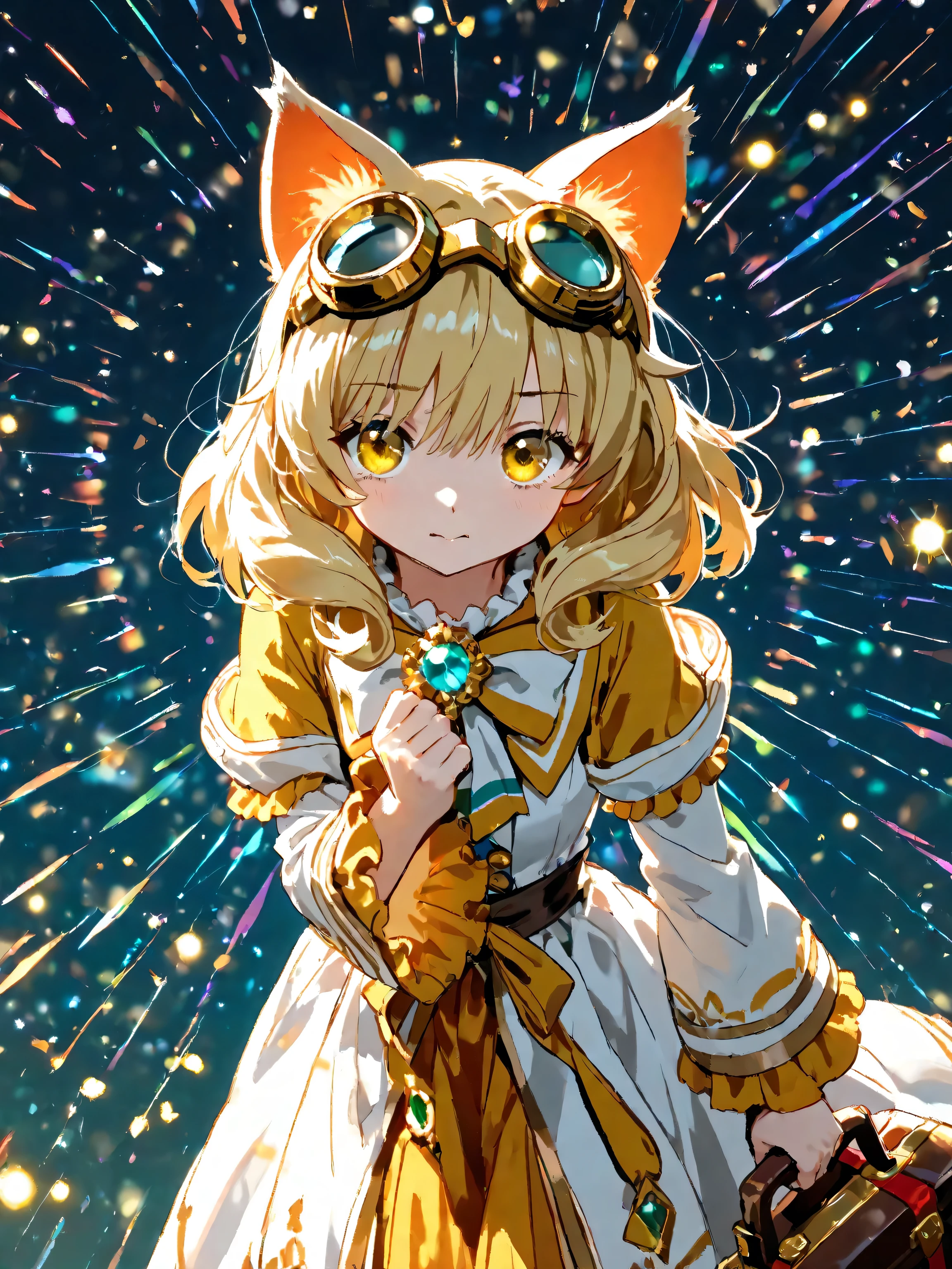 (No outline), Goggles and cat ears, women in the world always wear goggles and cat ears, she wears cutting-edge gold goggles, With the roar of the Big Bang, the infinite darkness begins to shine in an instant - the beginning of everything. As the stars dance and the galaxy swirls, minute particles of energy play a miraculous resonance. At that moment, a ray of light gathers from the depths of the universe, and like a gift from heaven, the rainbow gem, the "Rainbow Gem," is born.