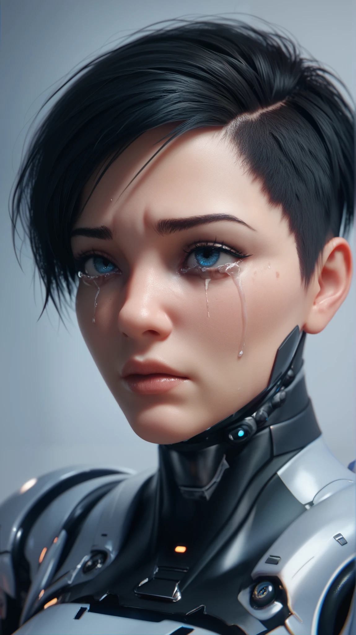 A beautiful female cyborg, black pixie cut hair, blue eyes, black screen in the background, wearing a blue and white cyborg armor, face close up, black screen in the background. Looking straight at me with cold gaze, teary eyed