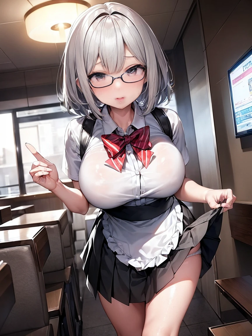 ((Highest quality)), ((masterpiece)), (detailed), woman,Age 25,(White knitted sweater),(mini skirt),Shoulder Bare,Big Breasts,blush,Underbust,(Her cleavage is visible),(Excited expression),(Seduce),night,indoor,Remains,nightのRemains,Dim lighting,(In a dimly lit room),(In a messy room),Browsing Caution,sexy,dirty,Sweat,(Black knee-high socks),(Hold your chest together with both hands),(Sticking out tongue),(The mouth becomes white and dirty),