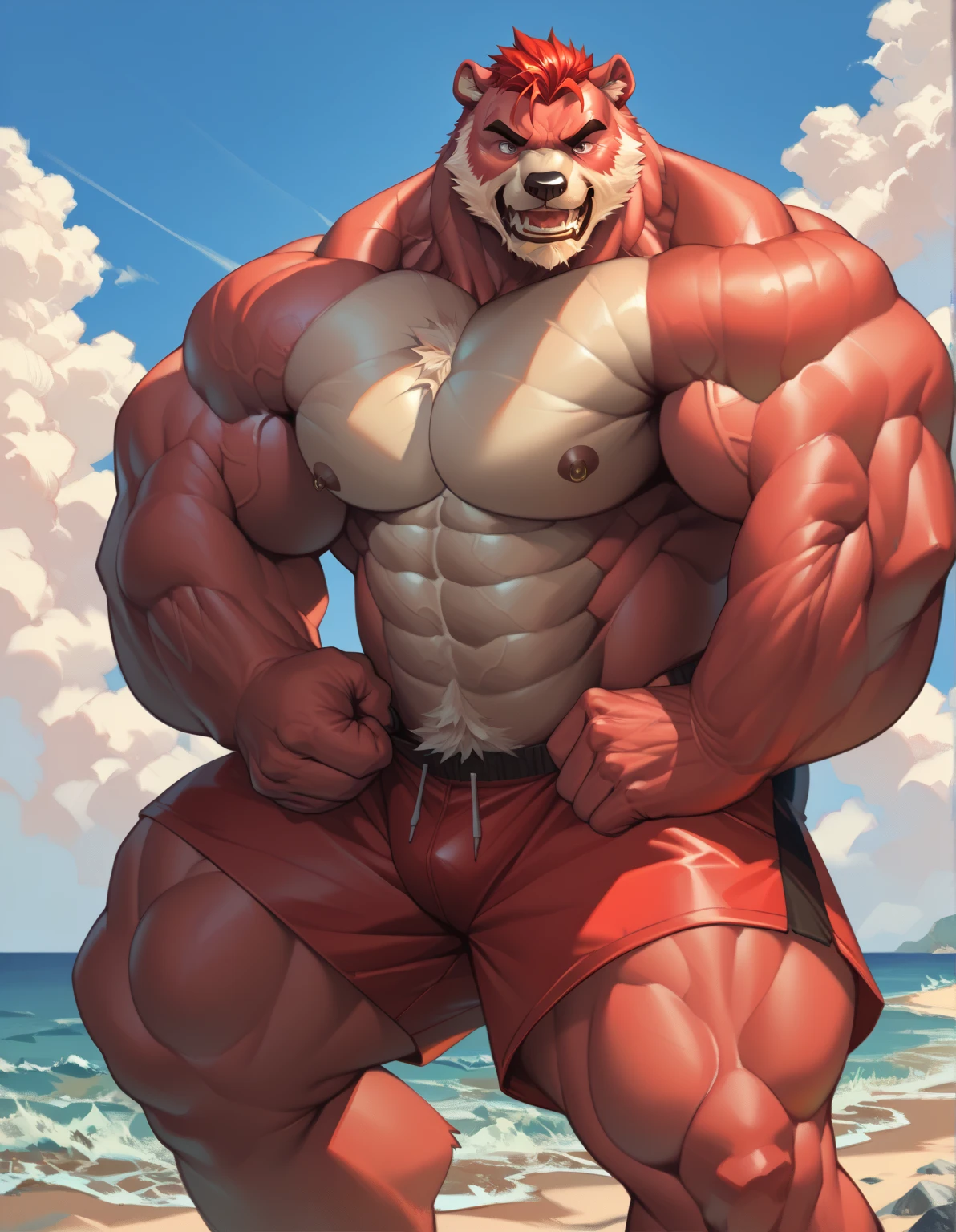 hi res,wolf,anthro,4 fingers,red eyes,horn, blurred background, bottomwear, clothing, life ring, lifeguard, male, muscular, muscular anthro, muscular male,nipples, tail, outside, palm tree, plant, red body, sea, shorts, solo, summer, (swim ring:1.4), tree, (water), detailed background,by milkytiger1145,by takemoto arashi,by null-ghost, lying on water, open smile, (tank top),hyper muscles,hyper pecs bigger than head:1.5