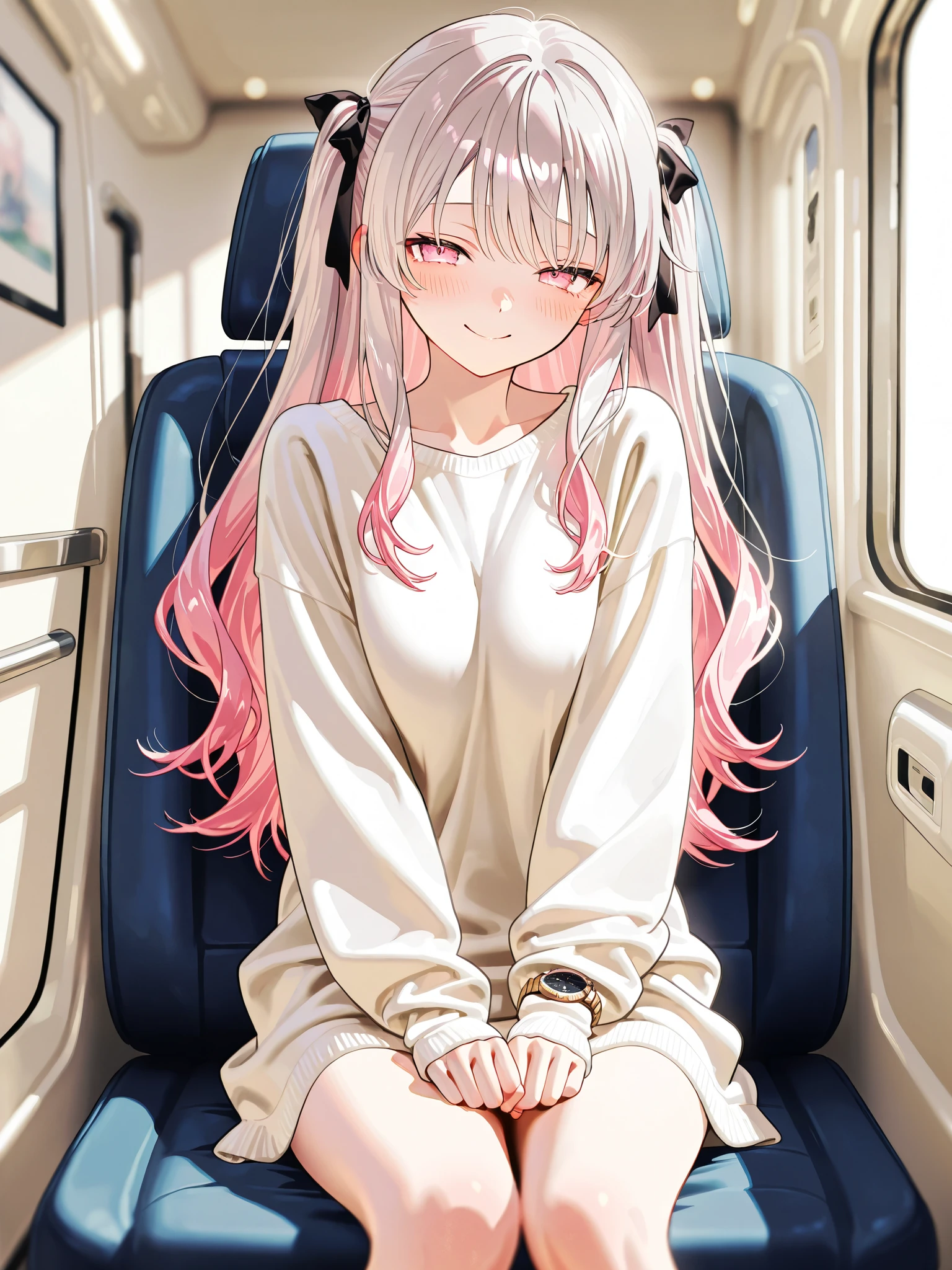   in the seat、 Gray Hair、  pink hair inner color 、  light pink eyes、  narrowed eyes 、  embarrassed expression、  long hair、  wave hair、  frill、ribbon、oversized white sweatshirt  、  Moe sleeve  、indoor、  Sitting、 smile、 Watch Viewers  、  half up twin tail、 Gentle colors 、  natural light、  bright、  Masterpiece、  best image quality、  exquisite detail、solo,  blurry background indoors、Kind Face、 calm、Lovely、 beautiful、front、