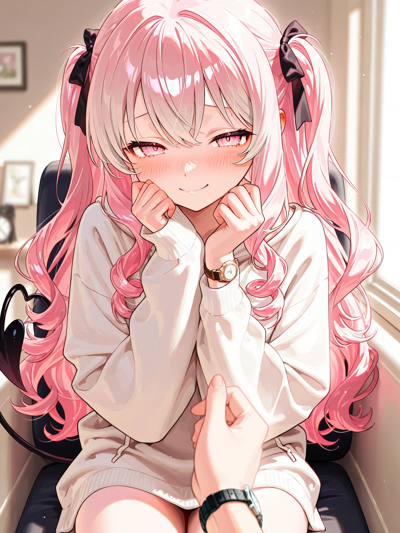 in the seat、 Gray Hair、 pink hair inner color 、 light pink eyes、 narrowed eyes 、 embarrassed expression、 long hair、 Curly Hair、 frill、ribbon、oversized white sweatshirt 、 Moe sleeve 、indoor、 smile、 Watch Viewers 、 half up twin tail、 Gentle colors 、 natural light、 bright、 Masterpiece、 best image quality、 exquisite detail、 blurry background indoors、Kind Face、 beautiful、front、