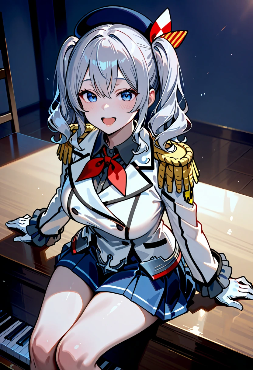 (masterpiece, best quality:1.2),giggle,A hand touched his chest,illustration,8K,HD,1 girl,solitary,portrait,blush,white hair,blue eyes,curls,Double tail,Berets,Epaulettes,Ruffled sleeves,Jacket,Large Breasts,Long sleeve,,mini skirt,Pleated Skirt,Red tie,White gloves,anchor,Solid color background