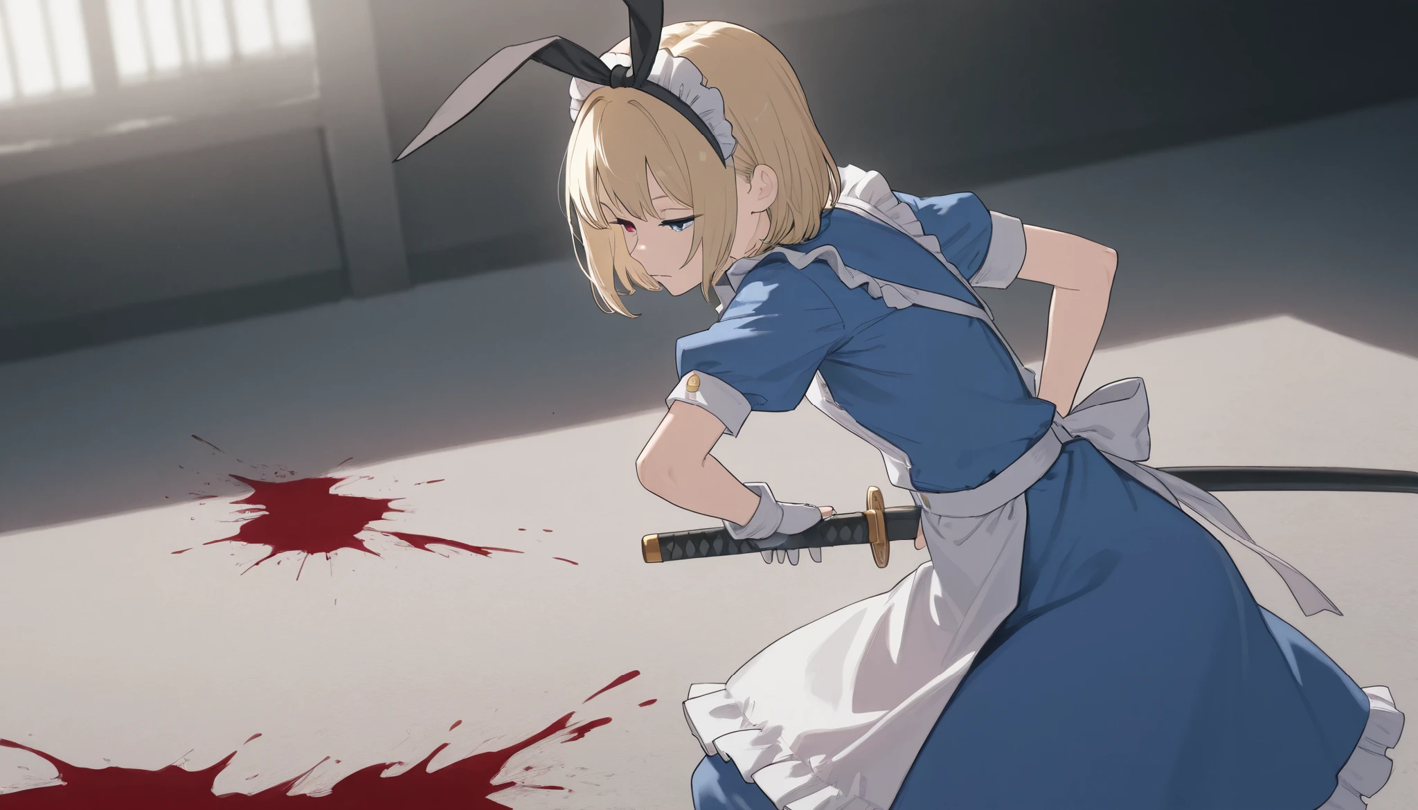 1girl, solo, standing, from side, newest, highres, highly detailed, best quality, masterpiece, stylish pose, (soldiers being cut, those who have fallen background),
(weapon, katana, waist holding katana:1.5, perfect katana, point the blade far away), (light blue maid dress), white frill, white maid apron, black fingerless gloves, short sleeves, black Headband, shimakaze black ribbon, splattered blood, heavy bleeding, blood in hair, blood on clothes, pool of blood, black Body harness, soldiers being cut,
Expressionless, half closed eyes, slit pupils, heterochromia, lightblue eye, red eye, bangs, blonde hair, bob cut,
score_9, score_8_up, score_8,source_anime,