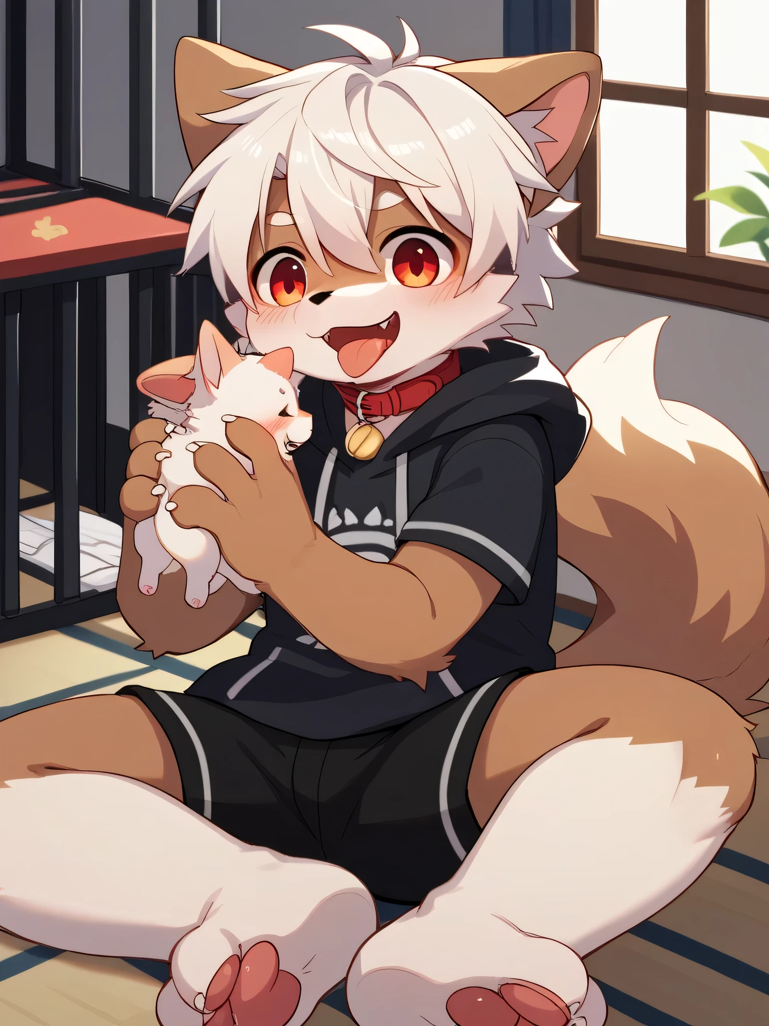 kemoshota, best quality,best resolution,(fluffy anthro furry :1.6),(young :1.6),  dog shota, dachshund, black and brown fur, heavy breath, plenty drool, dynamic angle, 6 year old boy,Masterpiece,cub,best resolution, white hair boy, ears, tail, pubic fur, sweating, full face blush, big baggy red collar, kiss too window, flaccid, phimosis, 2boys
