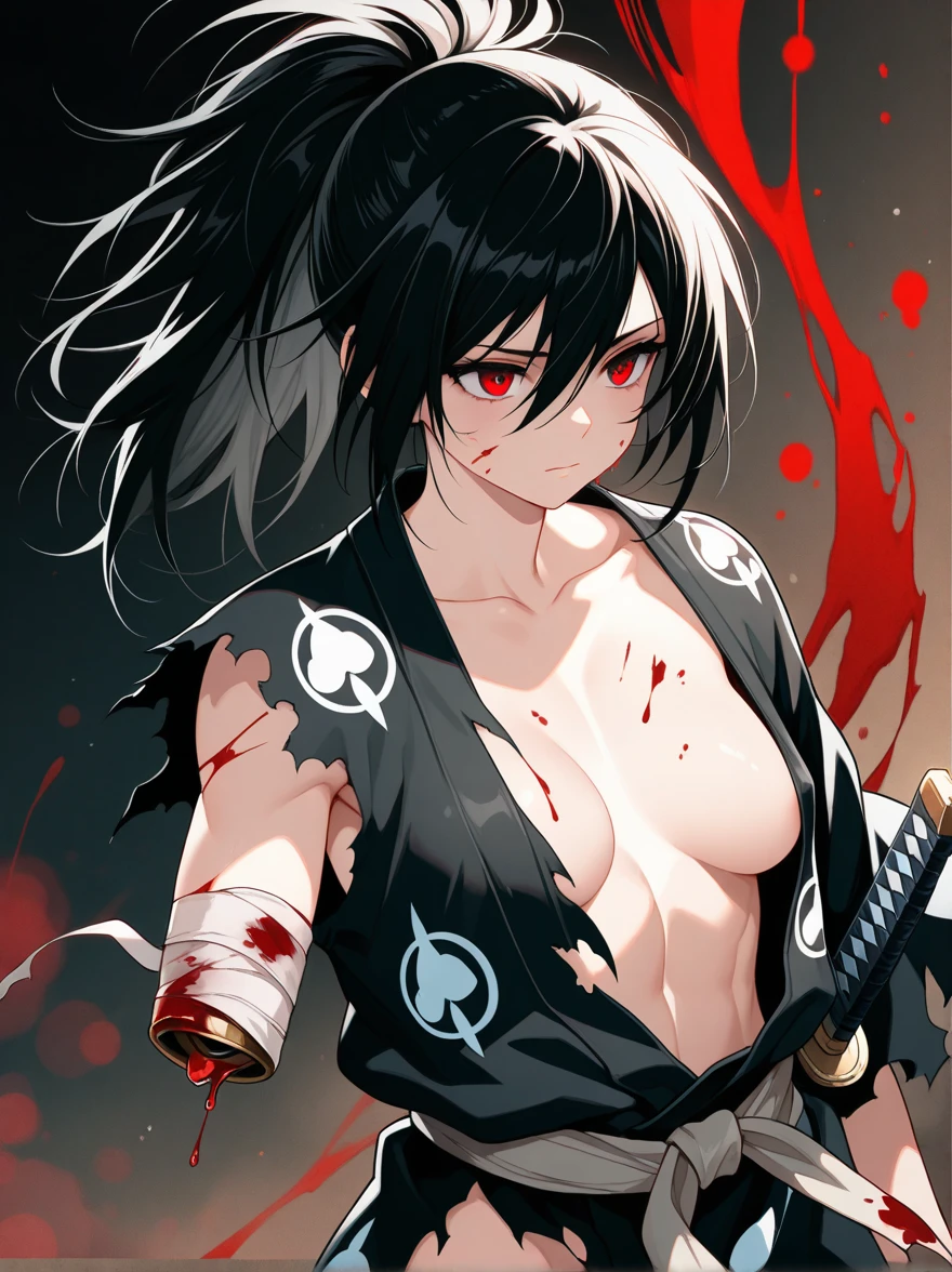 simple background, monochrome, horror (theme) there is a broken picture, black paint splatted, red blood splatted, smoked, red blood (((anime girl character))), big boobies, wearing a mask, (((she is holding a bloody samurai sword)))