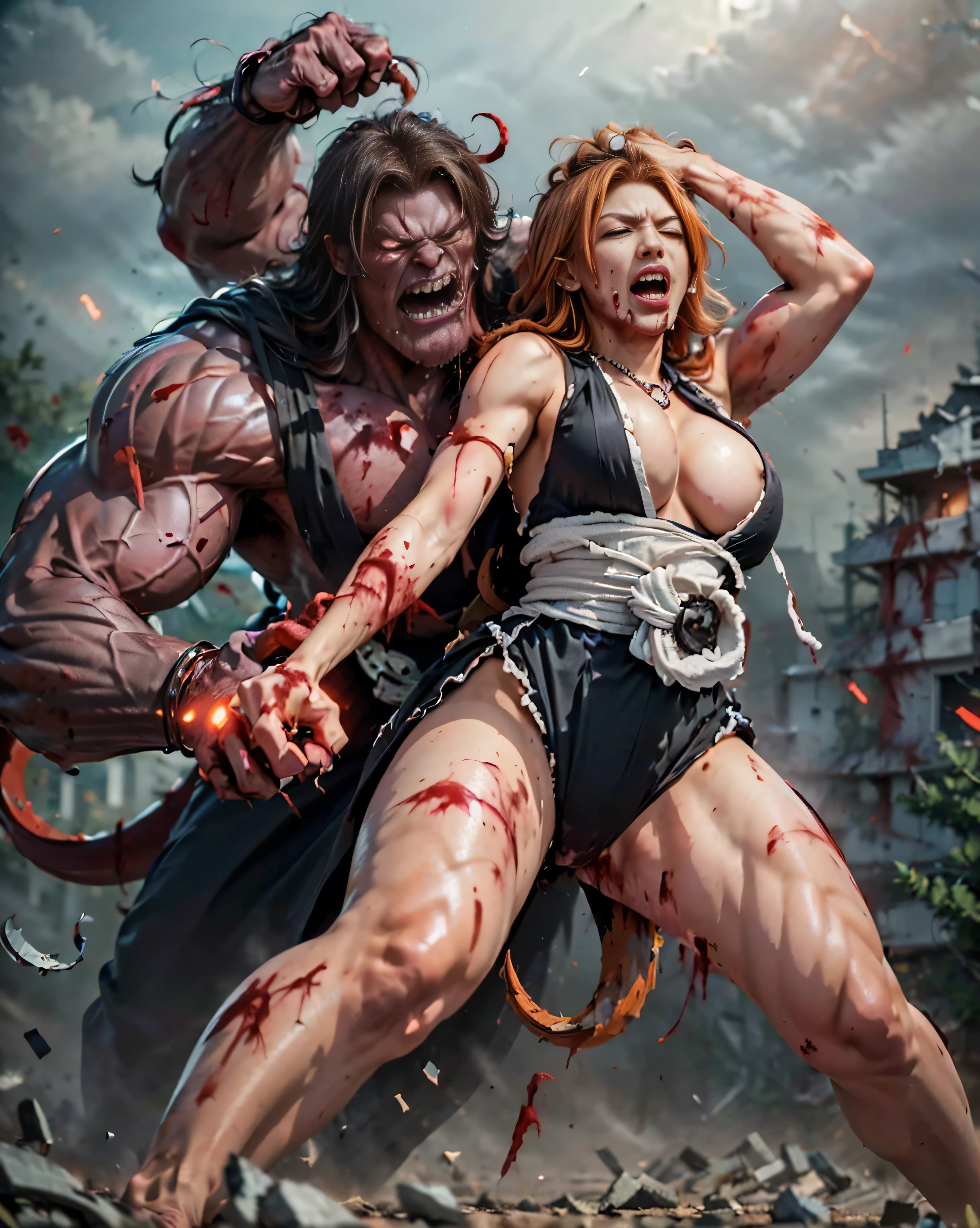 (The 8k quality, Ultra-high-resolution quality, Ultra high definition, Photorealistic, Best Quality):1.5, (masterpiece):1.4,
(camera angle from the oblique view):7.0,
(in the ruined building):5.5,
(no NSFW, depiction of brutal violence battle, bloody brutal violence, hetero):5.0, (brutal battle of beautifully shaped 1 huge THANOS wearing armorand ruichi shihouin):10.0, (v1ct0ry, hold by head, head grab, legs off ground, legs dangling, arms dangling, full body view, CarnageStyle, (blood_red:1.5)):10.0, (brutal violence, 1 muscular THANOS wearing armor is grabbing yoruichi shihouin's head violently from her side, grab head):15.0, (1 yohi shihouin grabbed head from side, a little smaller breasts):10.0, (1 slender rangiku matsumoto, long hair, (grey eyes:1.5), orange hair, mole, mole under mouth, parted bangs, long sleeves, cleavage, jewelry, japanese clothes, kimono, necklace, black kimono, hakama, black hakama, sash, white sash, lowered both arms, leaning backward):9.0, (extremely screaming face with pain, bloody face, closed eyes, medium build, medium height, broken armor):5.5,
