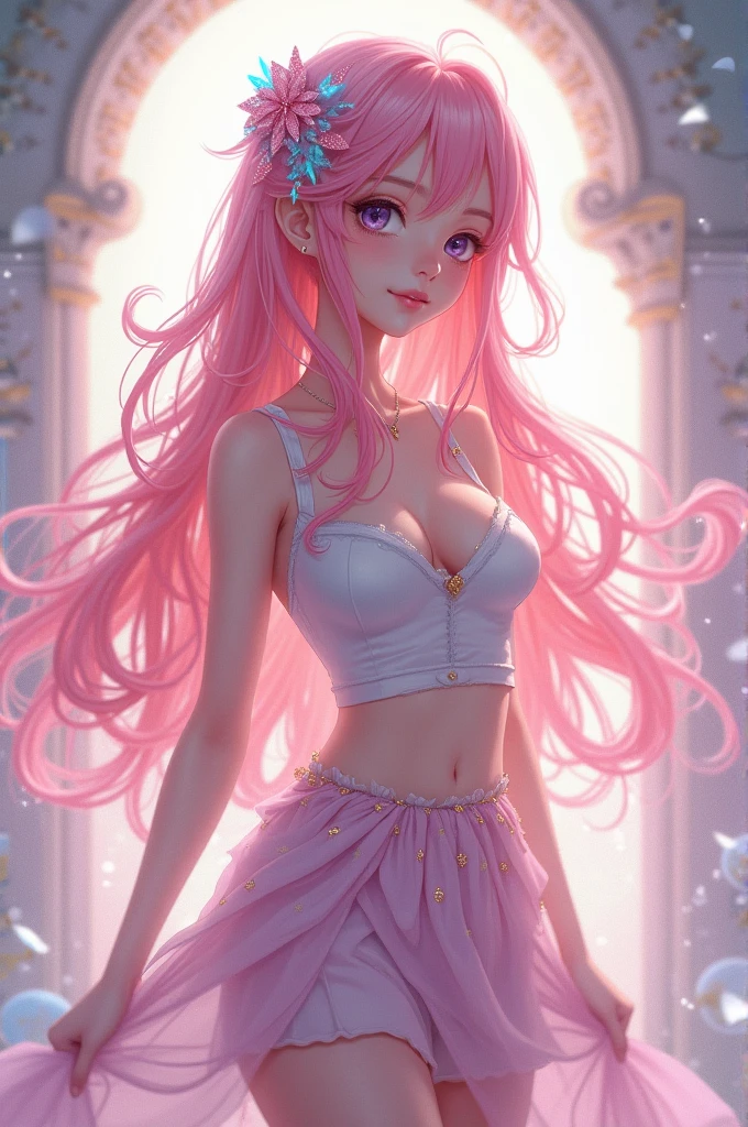 female, with beautiful long thick light blush pink hair that reaches the knees with beach waves. Beautiful silver doe eyes. Light caramel skin tone. Extremely gorgeous and sensual. Very Small waist. Thigh gap. Wide hip. Bubble butt. Flat stomach. Big perky breasts. Sensual voice. Plump lips. Naturally gorgeous. Smooth perfect skin extremely gorgeous aneglic. Very small cute elf ears. Tiny diamond shaped gem on my forehead in the middle. Long lashes. Extremely sexy. Very pretty. Vixen like. Anime