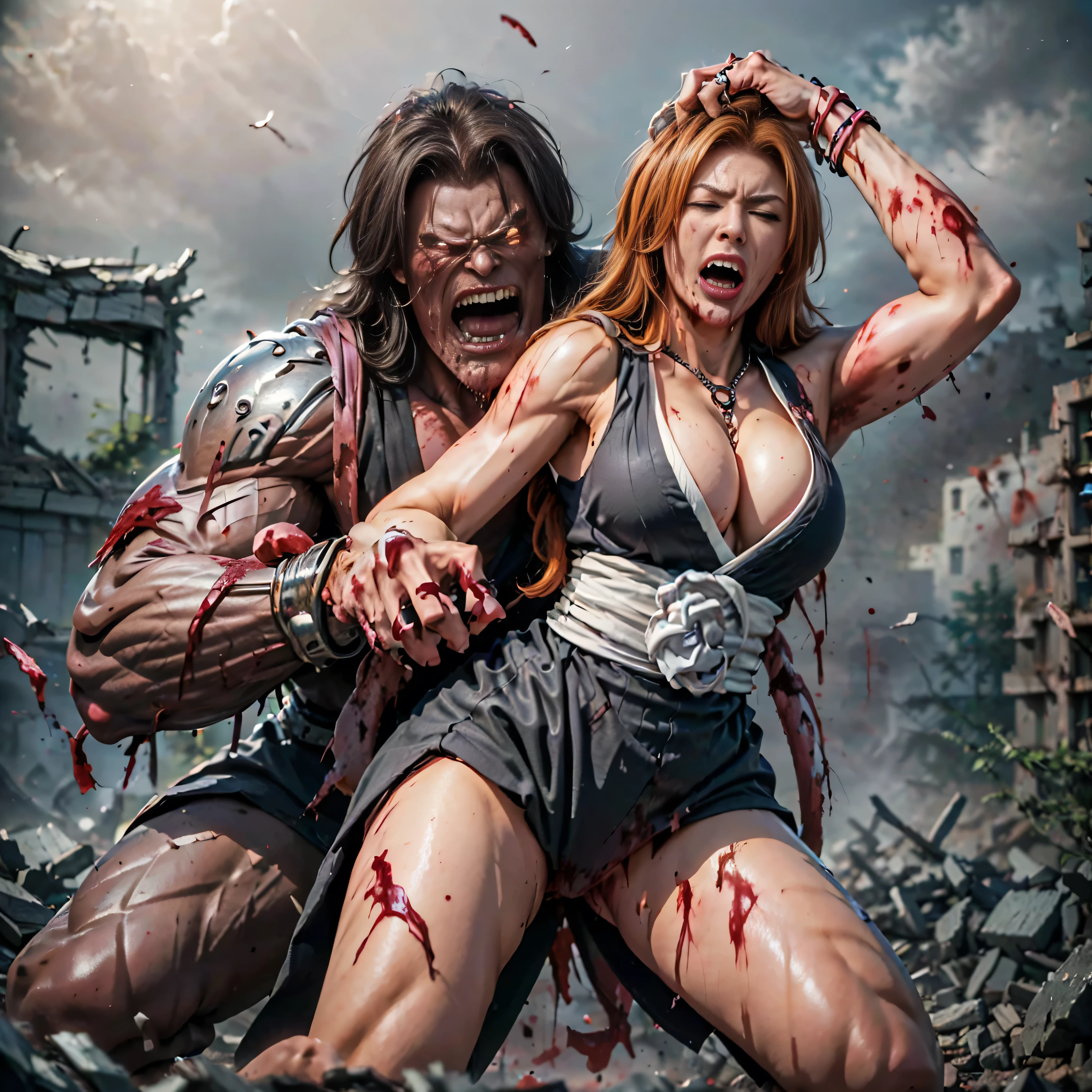 (The 8k quality, Ultra-high-resolution quality, Ultra high definition, Photorealistic, Best Quality):1.5, (​masterpiece):1.4,
(camera angle from the oblique view):7.0,
(in the ruined building):5.5,
(no NSFW, depiction of brutal violence battle, bloody brutal violence, hetero):5.0, (brutal battle of beautifully shaped 1 huge THANOS wearing armorand ruichi shihouin):10.0, (v1ct0ry, hold by head, head grab, legs off ground, legs dangling, arms dangling, full body view, CarnageStyle, (blood_red:1.5)):10.0, (brutal violence, 1 muscular THANOS wearing armor is grabbing yoruichi shihouin's head violently from her side, grab head):15.0, (1 yohi shihouin grabbed head from side, a little smaller breasts):10.0, (1 slender rangiku matsumoto, long hair, (grey eyes:1.5), orange hair, mole, mole under mouth, parted bangs, long sleeves, cleavage, jewelry, japanese clothes, kimono, necklace, black kimono, hakama, black hakama, sash, white sash, lowered both arms, leaning backward):9.0, (extremely screaming face with pain, bloody face, closed eyes, medium build, medium height, broken armor):5.5,