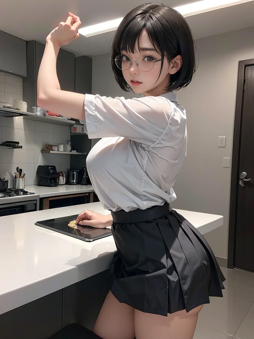 (masterpiece, best quality), 1girl,  Platinum Bob Cut, tiny breasts,   <lora:StraddlingChair_SittingChair_FefaAIart:1> straddling chair,  panties, from behind, ass, skirt lift, pleated skirt