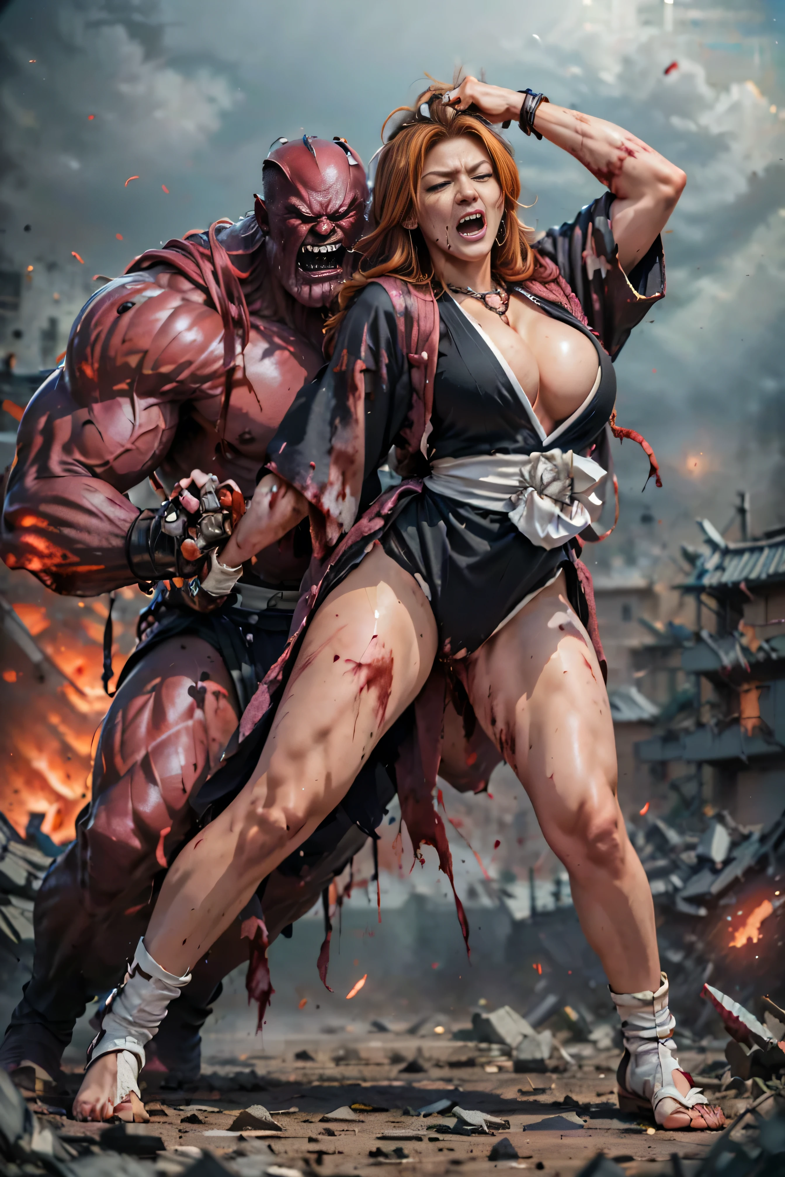 (The 8k quality, Ultra-high-resolution quality, Ultra high definition, Photorealistic, Best Quality):1.5, (masterpiece):1.4,
(camera angle from the oblique view):7.0,
(in the ruined building):5.5,
(no NSFW, depiction of brutal violence battle, bloody brutal violence, hetero):5.0, (brutal battle of beautifully shaped 1 huge THANOS wearing armorand ruichi shihouin):10.0, (v1ct0ry, hold by head, head grab, legs off ground, legs dangling, arms dangling, full body view, CarnageStyle, (blood_red:1.5)):10.0, (brutal violence, 1 muscular THANOS wearing armor is grabbing yoruichi shihouin's head violently from her side, grab head):15.0, (1 yohi shihouin grabbed head from side, a little smaller breasts):10.0, (1 slender rangiku matsumoto, long hair, (grey eyes:1.5), orange hair, mole, mole under mouth, parted bangs, long sleeves, cleavage, jewelry, japanese clothes, kimono, necklace, black kimono, hakama, black hakama, sash, white sash, lowered both arms, leaning backward):9.0, (extremely screaming face with pain, bloody face, closed eyes, medium build, medium height, broken armor):5.5,