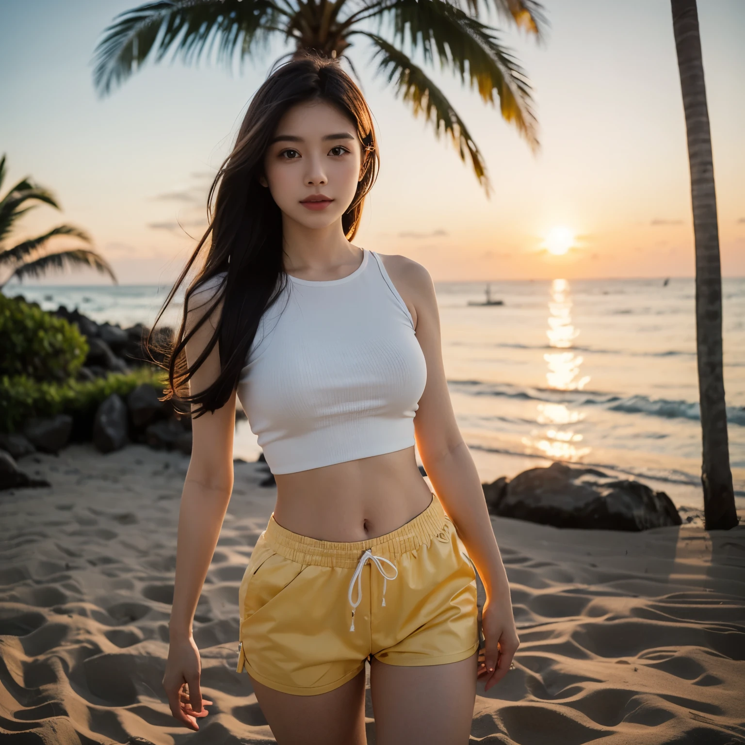 A stunning young woman with sun-kissed skin, standing under the golden hues of a breathtaking sunset. Her long, wavy hair flows with the warm breeze as she gazes into the horizon with a serene yet confident expression. She wears a stylish summer outfit—maybe a crop top and high-waisted shorts or a flowing beach dress—complemented by delicate gold accessories. Behind her, tall palm trees sway gently, and the ocean glows under the fading sunlight. The atmosphere is dreamy, with soft, warm tones blending into the sky, capturing the perfect tropical, carefree vibe.