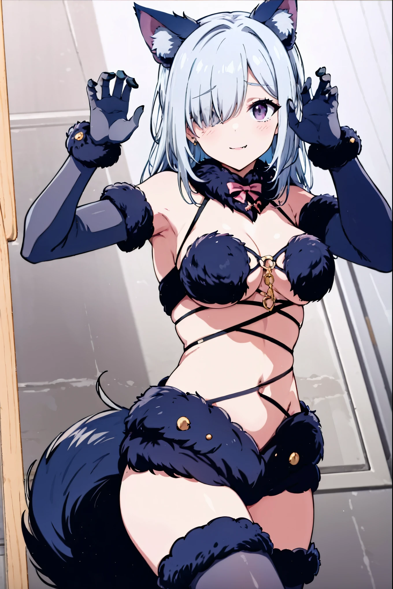 ((masterpiece,best quality)), highres, extremely detailed 8K wallpaper, depth_of_field, best shadow, (Colorful),(Delicate eyes and face), nice hand, Perfect hands, (no lighting), Ray tracing, BREAK
(1girl in), mogami \(kancolle\), black hair, short hair, black eyes / green eyes, swept bangs, small breasts, slender, skinny, open mouth, smile, (full-face blush), BREAK,
wolf girl, dangerousbeast, (furry sailor collar:1.41), (red tie:1.2), elbow gloves, furry gloves, ((wolf tail)), (bare navel), (under boob), (black stockings:1.2), High heels, BREAK,
claw pose, Cowboy Shots, Looking at Viewer, stomach focus, bedroom, night time, ((dark backgrounds:1.8)),