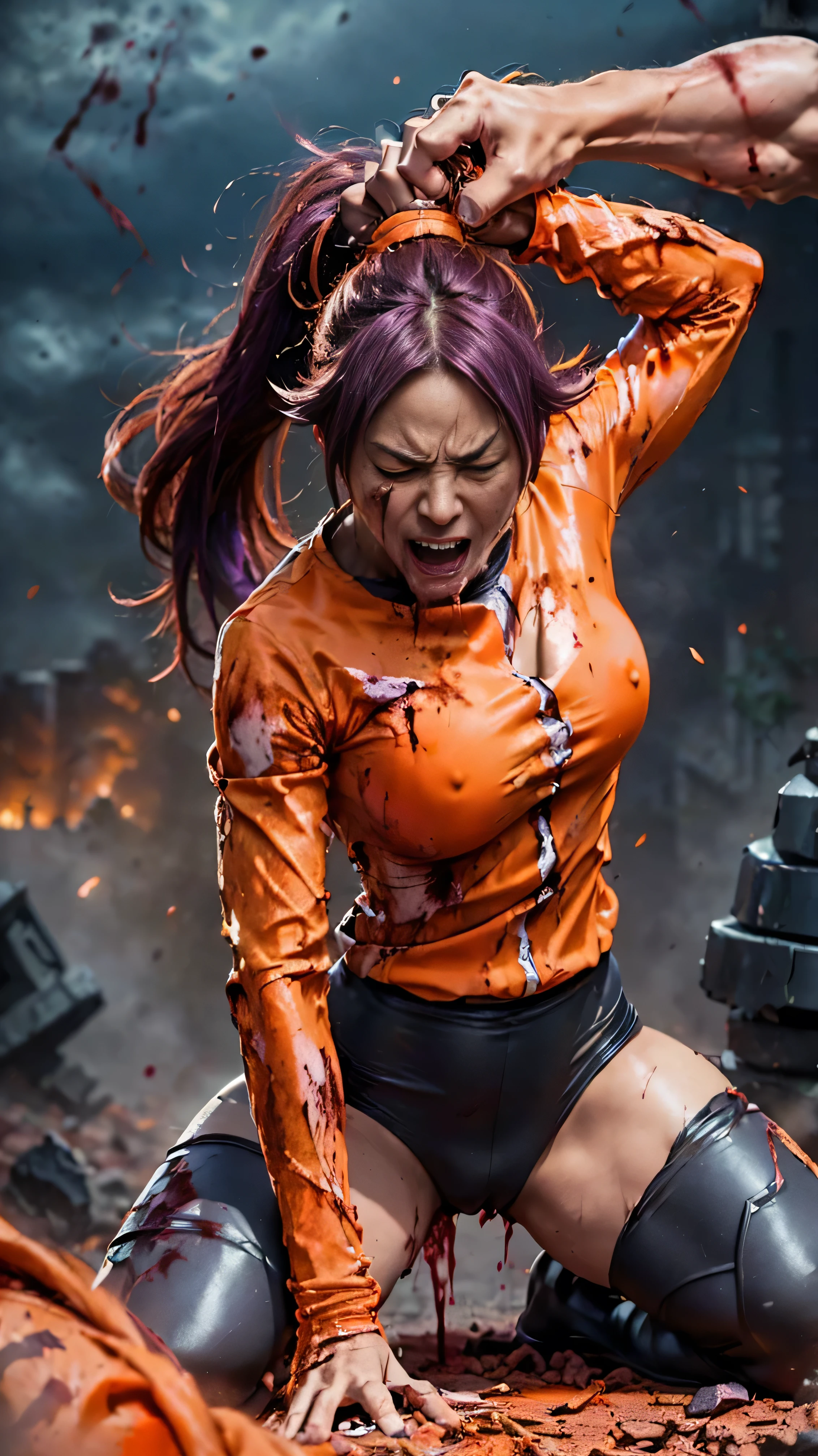 (The 8k quality, Ultra-high-resolution quality, Ultra high definition, Photorealistic, Best Quality):1.5, (masterpiece):1.4,
(camera angle from the oblique view):7.0,
(in the ruined building):5.5,
(no NSFW, depiction of brutal violence battle, bloody brutal violence, hetero):5.0, (brutal battle of beautifully shaped ruichi shihouin and 1 huge THANOS wearing armor):10.0, (v1ct0ry, hold by head, head grab, legs off ground, legs dangling, arms dangling, full body view, CarnageStyle, (blood_red:1.5)):10.0, (brutal violence, 1 muscular THANOS wearing armor is grabbing yoruichi shihouin's head violently from her side, grab head):15.0, (1 yohi shihouin grabbed head from side, a little smaller breasts):10.0, (1 slender yoruichi shihouin, long hair, yellow eyes, ponytail, purple hair, dark skin, dark-skinned female, bodysuit, black bodysuit, bodysuit under clothes, (orange shirt:1.5), long sleeves,, lowered both arms, leaning backward):12.0, (extremely screaming face with pain, bloody face, closed eyes, medium build, medium height, broken armor):5.5,
