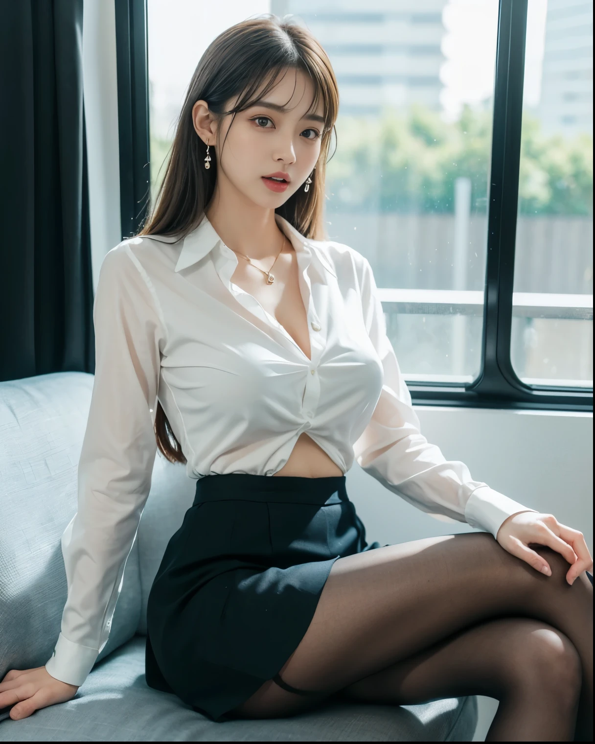 absurdres, RAW photo, extremely delicate and beautiful, masterpiece, Best Quality, ultra high resolution, 32k, hyperrealistic, ultra-detailed, perfect anatomy, super Detailed skin, perfect figure, Super Beauty, Perfect Style, Perfect balance, Beautiful Lighting, Perfect Lightning, Realistic Shadows, 20 years old, very Slim body, narrow waist, very small head, very small face, delicate facial features, handsome detailed woman, very detailed eyes and face, realistic face proportions, Realistic beautiful face, Realistic beautiful eyes, tearful mole, earring, very huge round breasts, legs, medium hair, asymmetrical hair, full_body_shot, indoor, school_uniform, short skirt, bare foots,