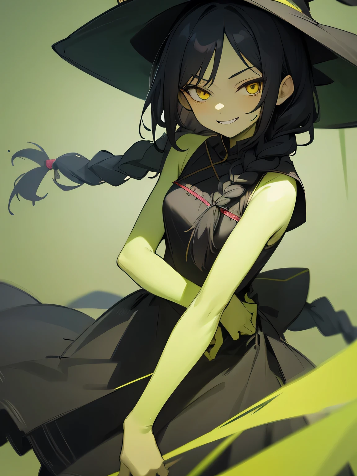 in the seat, Witch Dress , witch hat , (( mischievous smile)), Green Skin, black hair, yellow eyes, (black color single braid) ,( manga style),(sketch),(illustration), Masterpiece, Best Quality ,