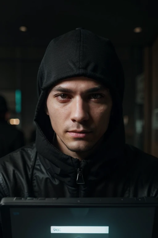  A boy with a menacing gaze hides his face in a technologically advanced 4K environment, creating an air of mystery and suspense in the digital world.